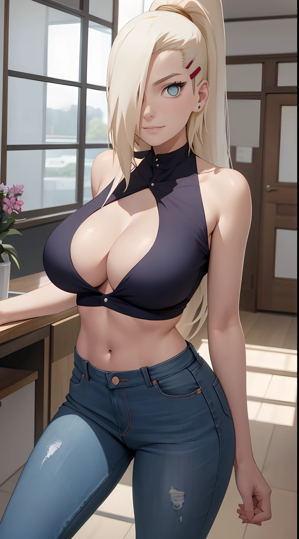 Ino yamanaka， schneit， sat，Spaltung，smil，Rot im Gesicht sein，drinnen im Zimmer，Nahaufnahme Nahaufnahme，mit einer guten Figur,mid large breasts,The breasts fall out immediately,clenched breasts,enges, open white shirt,Blaue skinny Jeans,both arms behind the back,perfekter Arsch,Ansicht von hinten,ansicht auf den Arsch,Arsch guckt in die Kamera