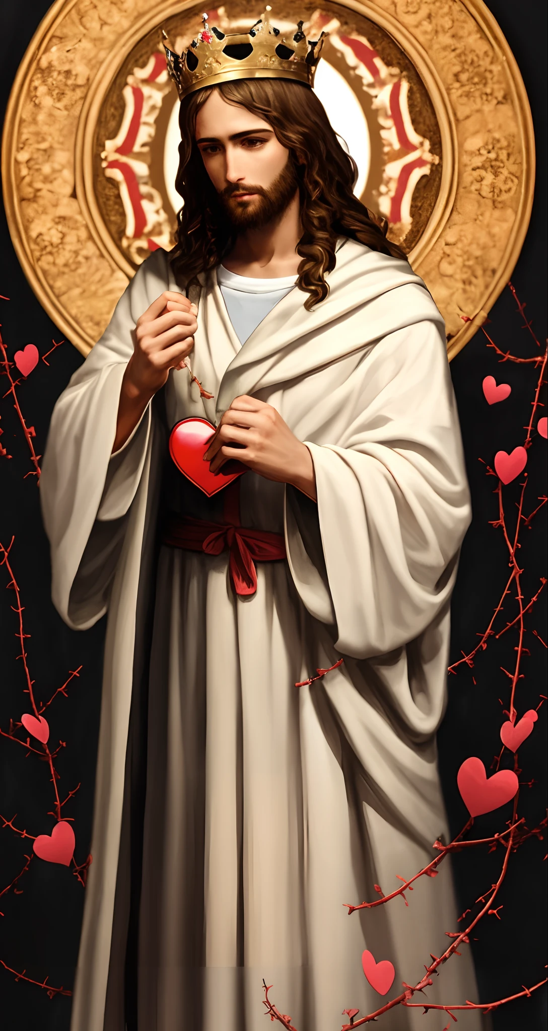 Jesus wearing a robe, holding a heart with a crown of thorns with both handsin the right hand, imagem em 4k realista, com riqueza de detalhes