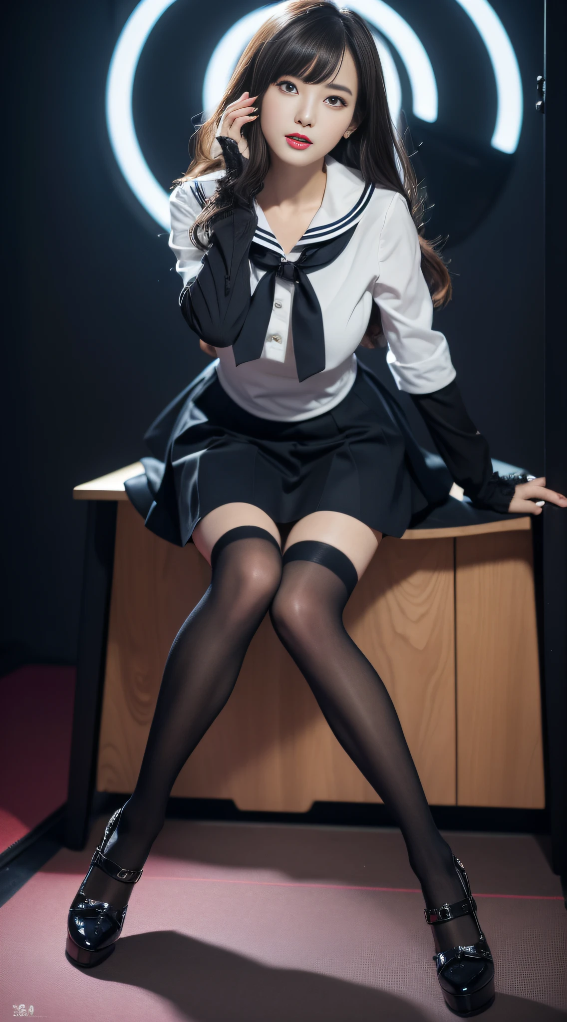 Charming beauties、a sailor suit、pleatedskirt、black pantyhose、charming oval face、二重まぶた、Clear eyes、red lipsticks、Beautiful thin legs、toned ankles、The ultra -The high-definition、The ultra-detailliert、Elegant standing figure、Create a slender lower body curve、Expressing adult femininity、top-quality、8K、ultra-detailliert、soio、9 head body、Night、Move ki、The Darkness、seductiv、brainwashed、Evil Fall、wicked