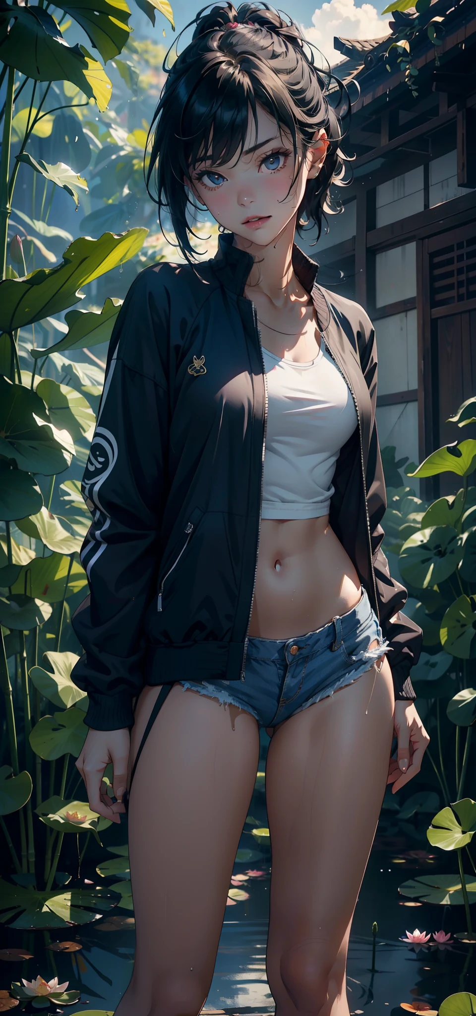 1female,,bit girl,Small loli,Small t Thin waist,Pornographic exposure, 独奏,(Background with:bamboo forrest,lotuses,lotus flower,exteriors,Lotus pond) She has short black hair,Qi bangs,bobo head,standing on your feet,Sweat profusely,drenched all over the body,seen from the front, hair straight, mostly cloudy sky,(((tmasterpiece),(Very detailed CG unity 8K wallpaper),best qualtiy,cinmatic lighting,detailed back ground,beatiful detailed eyes,Bright pupils,Black eyes,(Very fine and beautiful),(Beautiful and detailed eye description),ultra - detailed,tmasterpiece,)),facing at camera,A high resolution,ultra - detailed),revealing breasts,Bare genitalia, Bulge,legs are open,Raised sexy,Camel toes,Flushed complexion,Open-mouthed,frontage,elementary student(Black baseball jacket,Sexy revealing denim panties,black sneaker shoes,nakeness),Full body photo,frontage