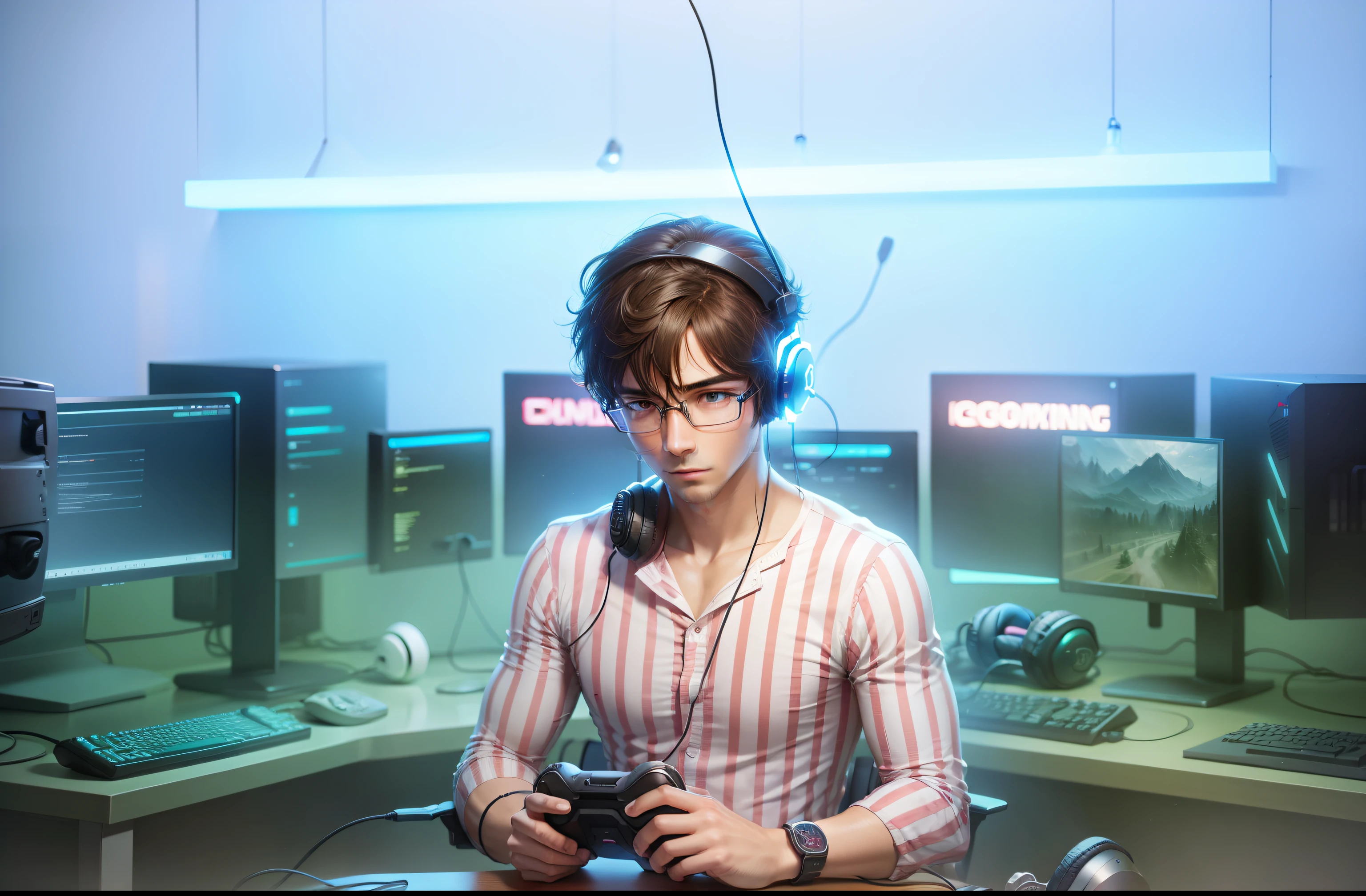 glasses, gaming headset, lighting room