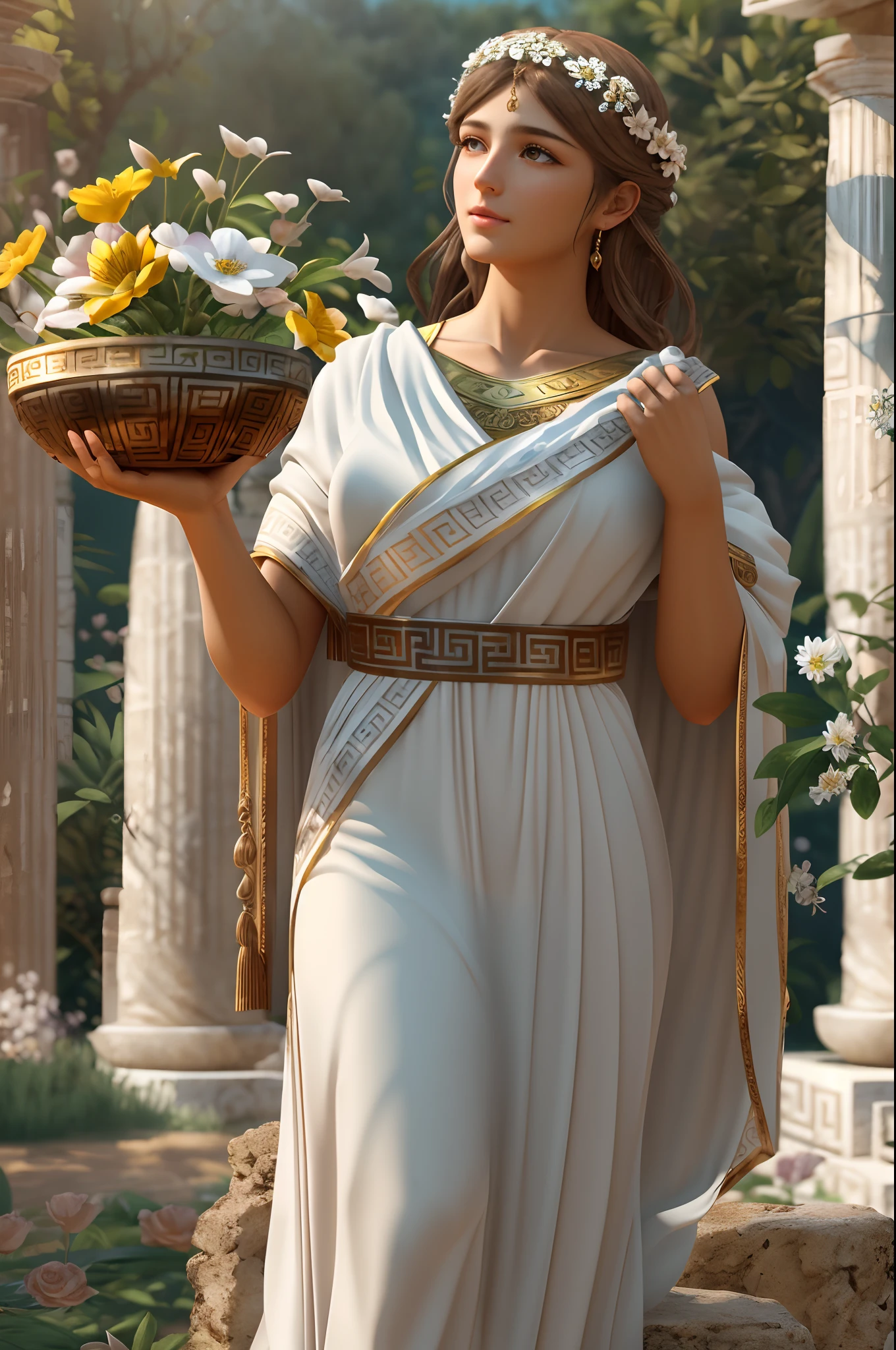 greek girl goddess of youth, with light brown hair, looks beautiful bright and innocent, wears white greek toga, kylix, oinochoe, flower garden of Olympia, Greek Mythology, happy and fun atmosphere, description of ultrra-accurate hands, photorealistic, super detail, masterpiece, best quality, highres, 8k