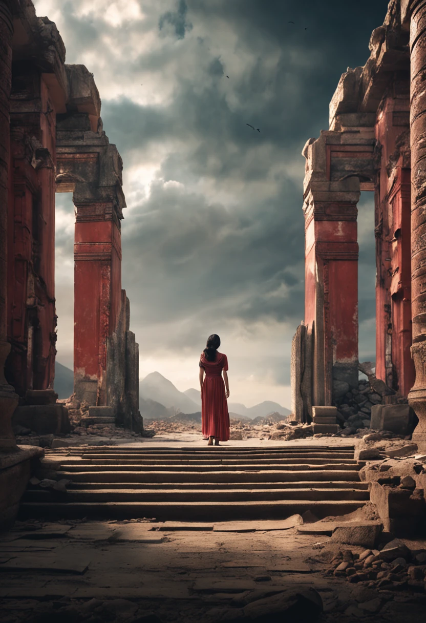 The World After the Destruction, An Asian woman stands in front of an ancient ruins that have collapsed. There is a mysterious door and you are trying to get inside. The woman is a warrior.