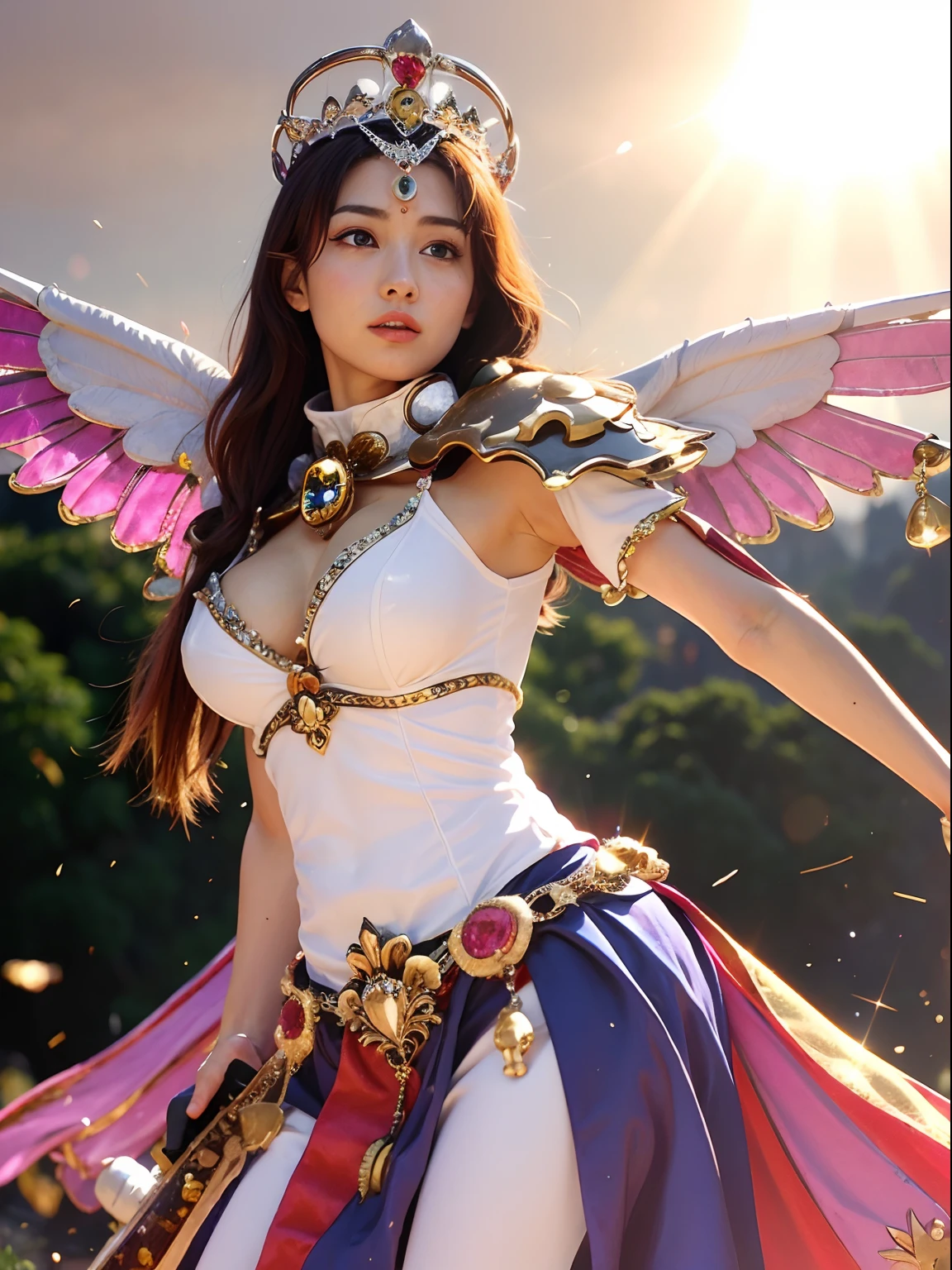 (masutepiece), Professional , masterpiece、top-quality、photos realistic , depth of fields (Gemstone Silver Metal Body:1.9),(Matt W White Pink、Jewel Gold Weapon、(Gorgeous castle background)、(ultimate beauty girl)、(Rainbow fairy wings grow)、Particles of light、(Metal body of iridescent gemstones:1.9),Gorgeous Jewel Metal Weapons , Detailed Sword of the Brave ,( a blond) ,warhammer 40k , adepta sororitas,Detail and ornate jewel crown、独奏、Brown hair、Mystical expression、cleavage of the breast、(Gangle's forest background)、Beautiful Caucasian beauty、1a person、dynamic ungle,(((Diamond tiara with detail and luxury)))、a small face、Powerful poses、(Gorgeous castle background)、huge filesize、20 year old beautiful woman、Stand in the center of the screen、Thin female fingers、Straight long hair、Beautiful Caucasian beauty、(maikurobikini)、Hair fluttering in the wind、face forwards、Look at viewers、(Armpit)、Armpit、