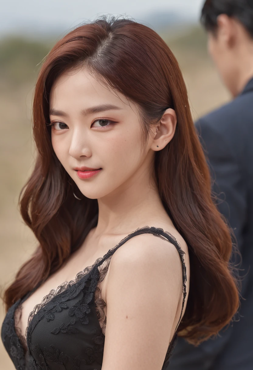 at 8K resolution、Close-up of a woman in a beautiful black dress。The bust is large and the cleavage is exposed。Her long hair swayed in the wind、A seductive smile complements its charm。This work is、TWICE no Tsuyu、park jimin、jimin、lee ji-eun、Choi Hong Hwa、jisoo from blackpink、Jossi、Hwang Seon、Korean female actress、Cute Korean Actresses、Eta、Like Larisa Manoval々It is an image that condenses the charm into one..。Overwhelming beauty and fine details、Captivate the viewer's heart.。