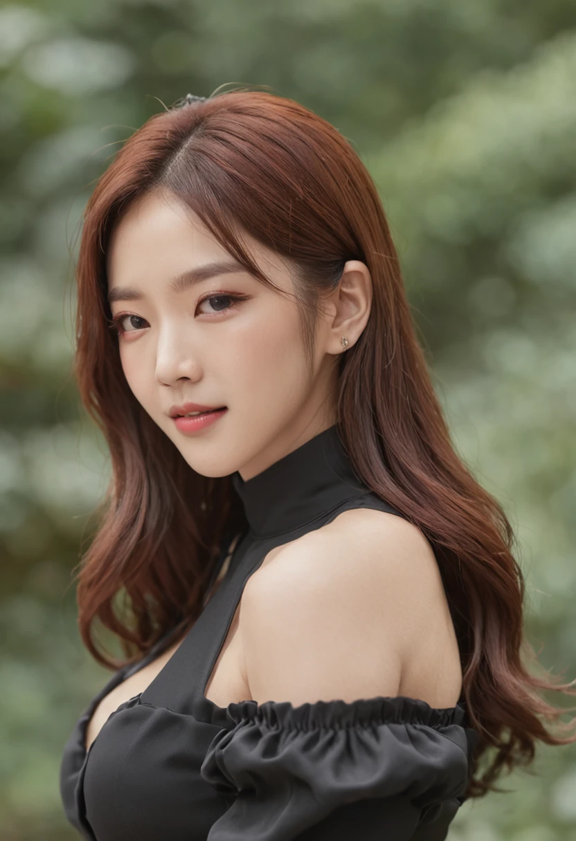 at 8K resolution、Close-up of a woman in a beautiful black dress。The bust is large and the cleavage is exposed。Her long hair swayed in the wind、A seductive smile complements its charm。This work is、TWICE no Tsuyu、park jimin、jimin、lee ji-eun、Choi Hong Hwa、jisoo from blackpink、Jossi、Hwang Seon、Korean female actress、Cute Korean Actresses、Eta、Like Larisa Manoval々It is an image that condenses the charm into one..。Overwhelming beauty and fine details、Captivate the viewer's heart.。