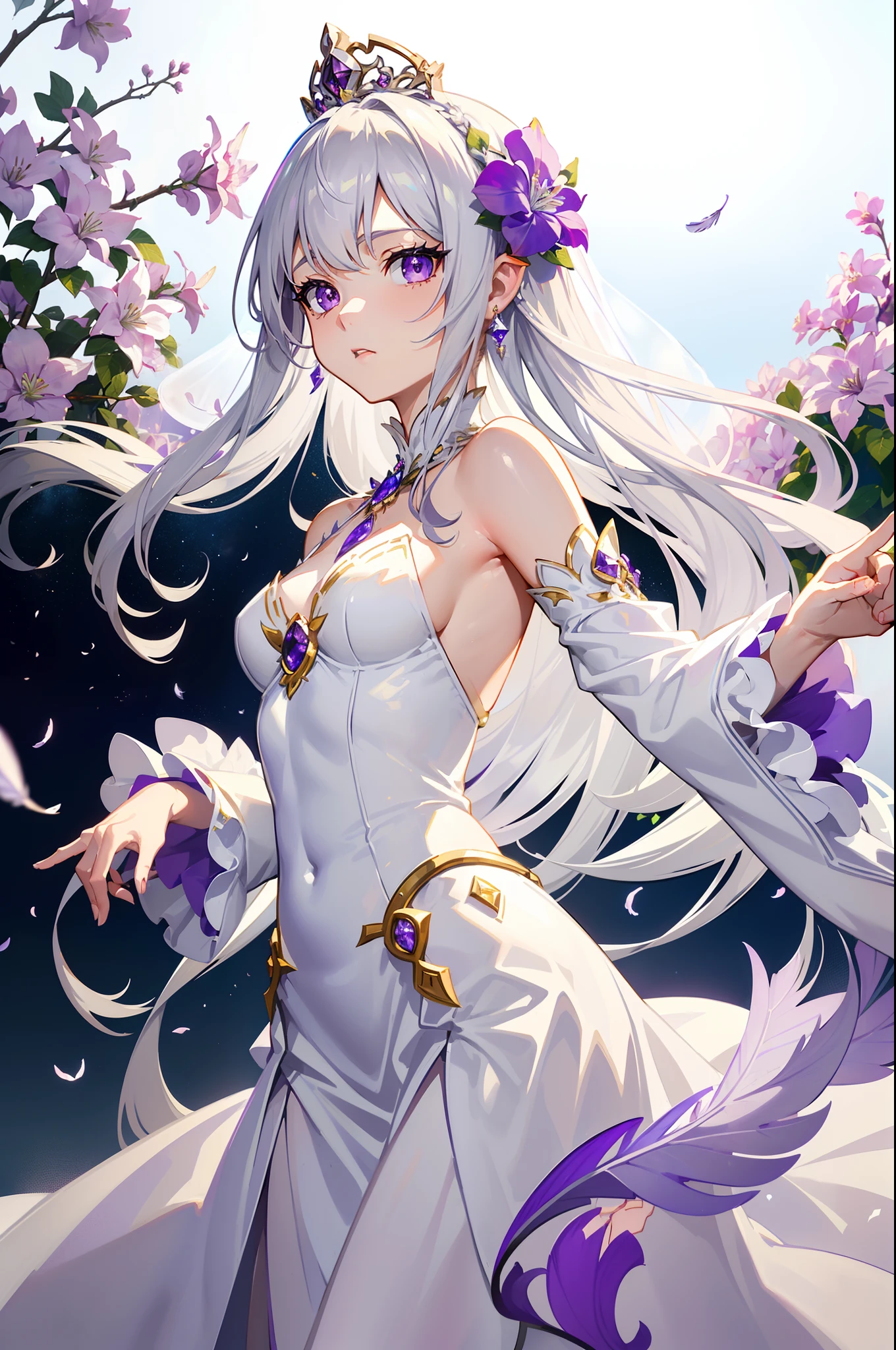 Emilia princess from Re:Zero kara Hajimeru Isekai Seikatsu, half elf, ((gorgeous white and purple wet elegant silk wedding dress, holding a bunch of clematis, silk accesory, veil, silver necklace, diamond ring, flower earring, belt, collar, silver crown, white silk legging)), grace hair style, garden background, ((perfect body shape, small breast, empress and forzen aura, flower and feather flying effect, detailed skin, silver and light purple pupil)), heavy make up, best quality anime 4k wallpaper quality, extreme eye and body detail, energetic girl, spirit around, high resolution , masterpieces, league of legend art