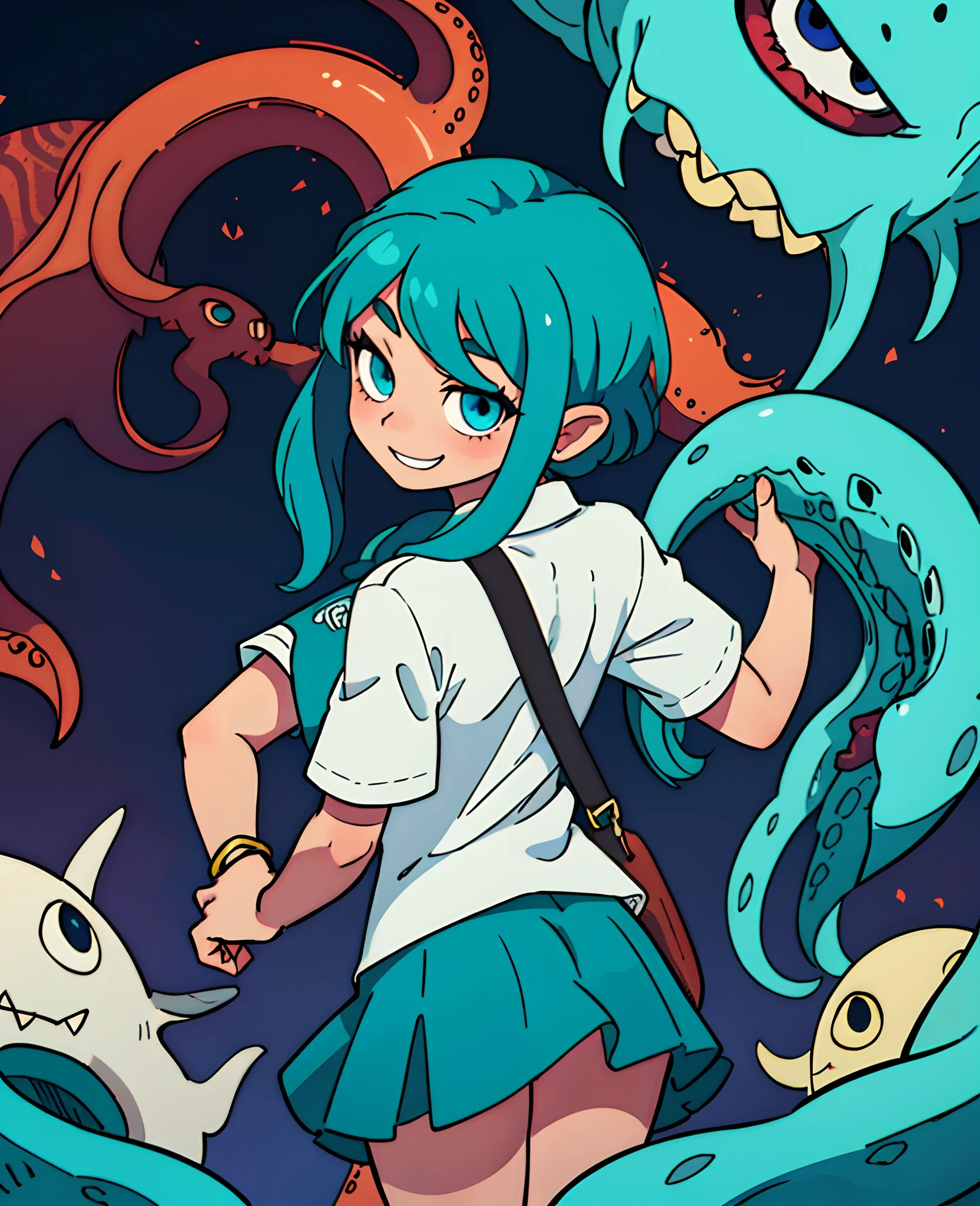short skirt,A girl with tentacles on her back,Half-length hair,Turquoise eyes,An insolent and wanton smile,Cthulhu