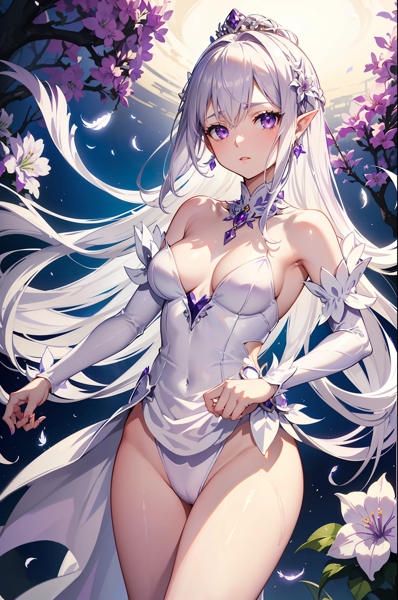 Emilia princess from Re:Zero kara Hajimeru Isekai Seikatsu, half elf, ((gorgeous white and purple wet elegant silk wedding dress, holding a bunch of clematis, silk accesory, veil, silver necklace, diamond ring, flower earring, belt, collar, silver crown, white silk legging)), grace hair style, garden background, ((perfect body shape, small breast, empress and forzen aura, flower and feather flying effect, detailed skin, silver and light purple pupil)), heavy make up, best quality anime 4k wallpaper quality, extreme eye and body detail, energetic girl, spirit around, high resolution , masterpieces, league of legend art