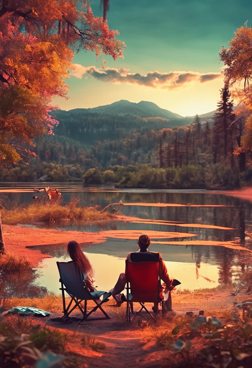 By the stream, a couple is grilling, and there is a dog lying on the side, and the sunset in the evening is beautiful, and the scenery around me is beautiful
