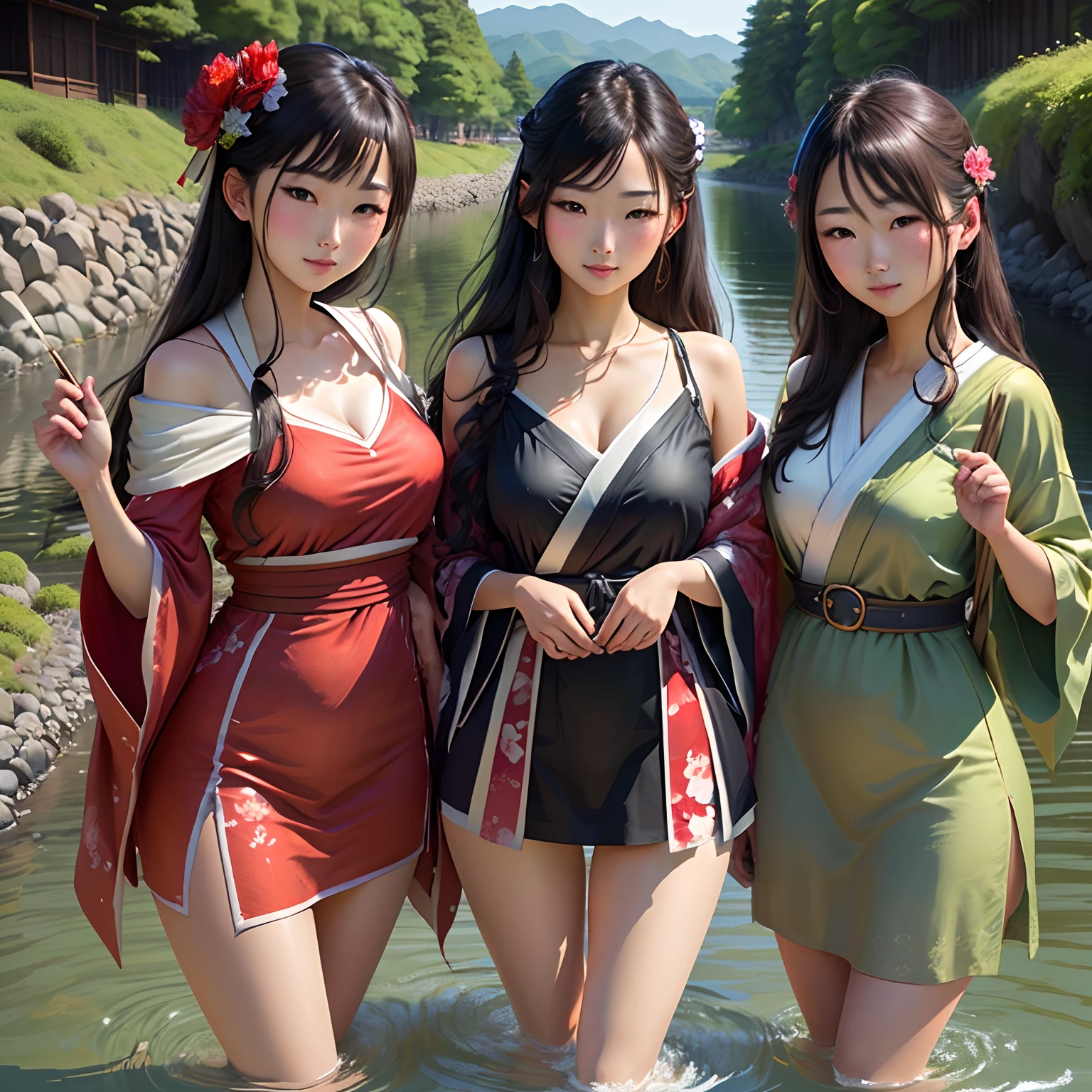 ((6 women, group of women)) Best quality, masterpiece, super high resolution, a super model soaking in a hot spring in Japan, outdoor hot spring, stone hot spring, surrounded by moss and trees, super beautiful face, pure body, clear pores visible, (smile:0.8), wearing (), (realism:1.5), original photo, soaked body, covered in sweat, bare shoulders, in the dark, deep shadows, low-key, cold light,  purple yellow pyjamas shorts netted, standing, hand on waist, hand behind head , light smile ((6 women, group of women, showing  buttocks to camera, ))((wearing pyjamas, green pyjamas, standing in line, touching eachother, Bending, looking back, backside, POV from back))