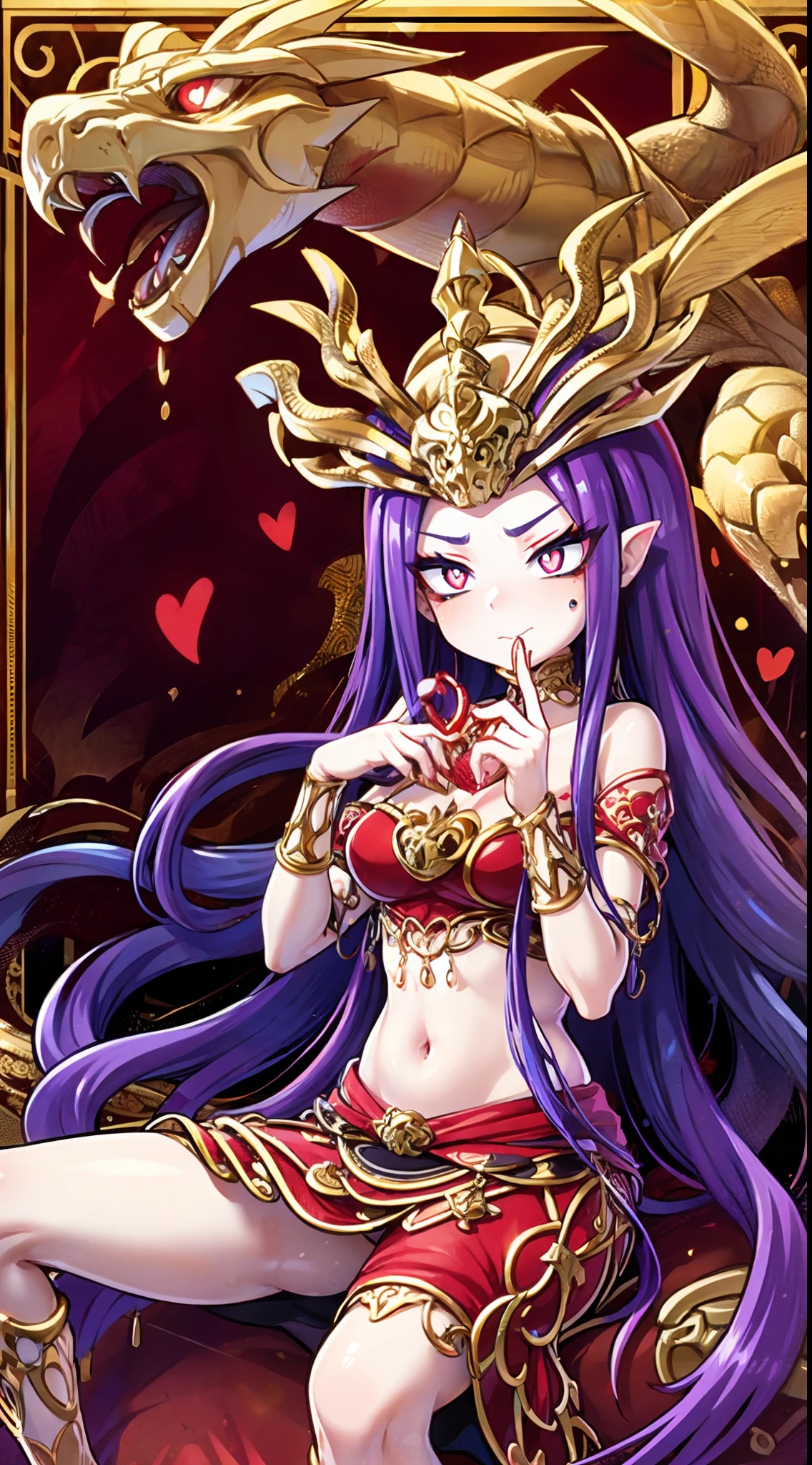 Medusa,(A white border around a red rectangular background:2.5),There are a lot of snakes in the background,long skirt,Sitting down, D-cups,ahegao face,stooped,High detail,Moles under eyes, Heart-shaped pupils,Love pupils,cropped shoulders,Lots of hearts,Fleshy thighs,highly rendered,detailed face with