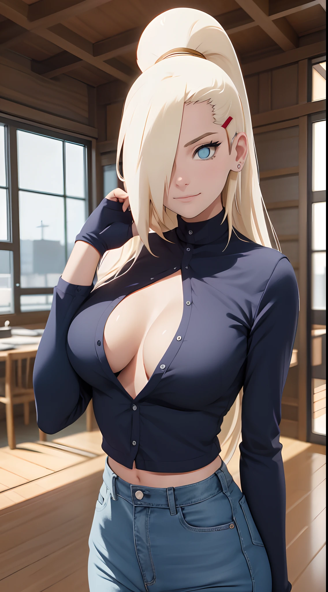 Ino yamanaka, schneit, sat,Spaltung,smil,Rot im Gesicht sein,drinnen im Zimmer,Nahaufnahme Nahaufnahme,mit einer guten Figur,mid large breasts,enges, open white shirt,Blaue skinny Jeans,both arms behind the back,perfekter Arsch,Ansicht von hinten,ansicht auf den Arsch,Arsch guckt in die Kamera,runder arsch,zeigt ihren Arsch