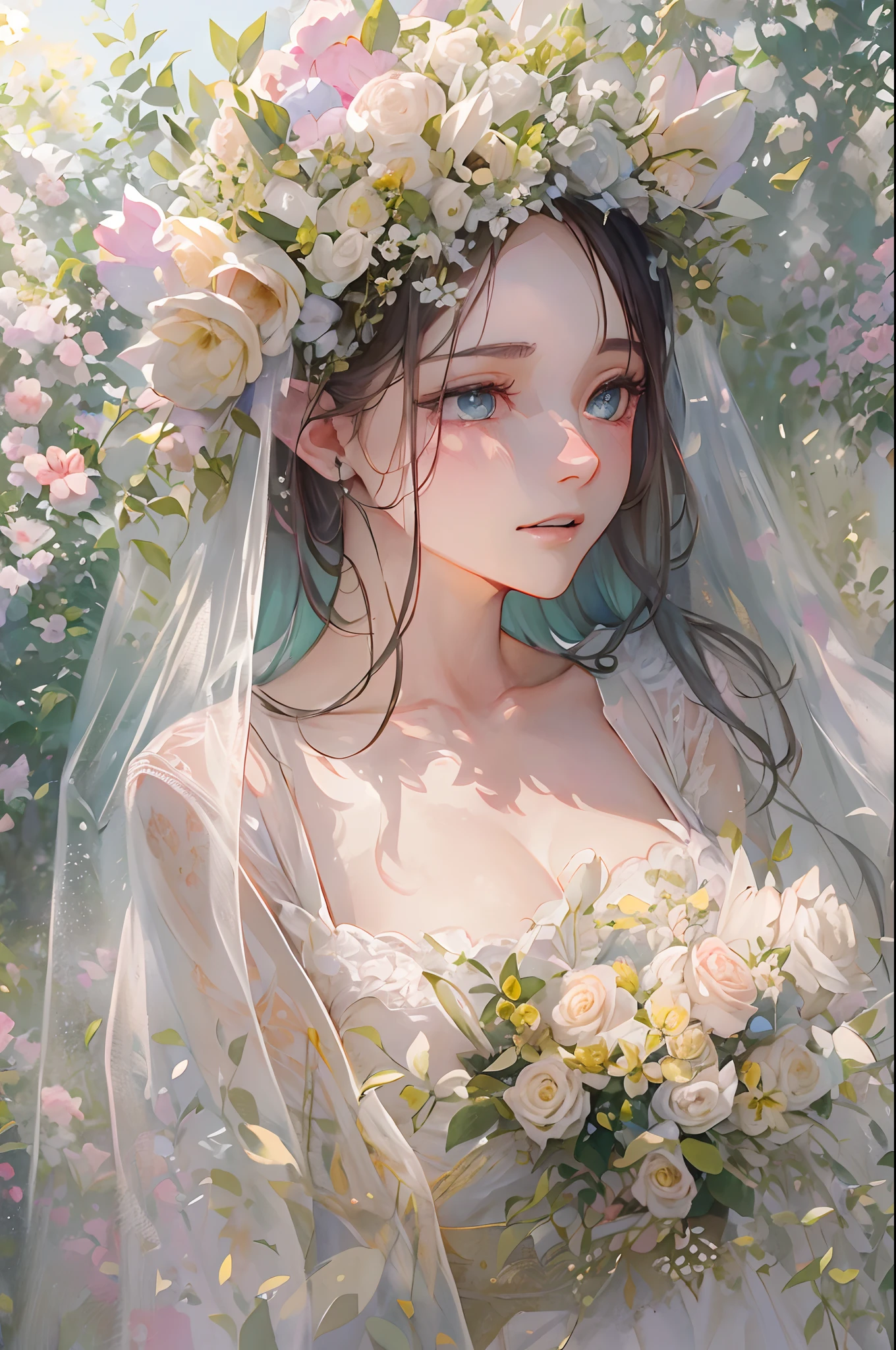 (Taken from head to toe, artistic angle: 1.6)、Portrait of a bride, with layers of A-line ruffles and delicate floral and pattern embroidery.Hobbit weddings. Chapel in the forest. The sun shining through the trees illuminates the bride and creates a magical atmosphere. The Hobbit bride is swooning with a veil over her head and a very beautiful expression on her face..effect///Fluffy pastel colors.fine brushes, Rough, detailed watercolour, soft and fantastic, pastel, Fluffy, (extremely fine and beautiful), (perfect detail)、(pastel color),Soft texture:1.2.(masutepiece, Best Quality), (finely detailed beautiful eye), (finely detailed eyes and detailed face),The tones are also visibly luminous.Pale blurred contours,Unobtrusive lighting, moody atmosphere,subtle highlights