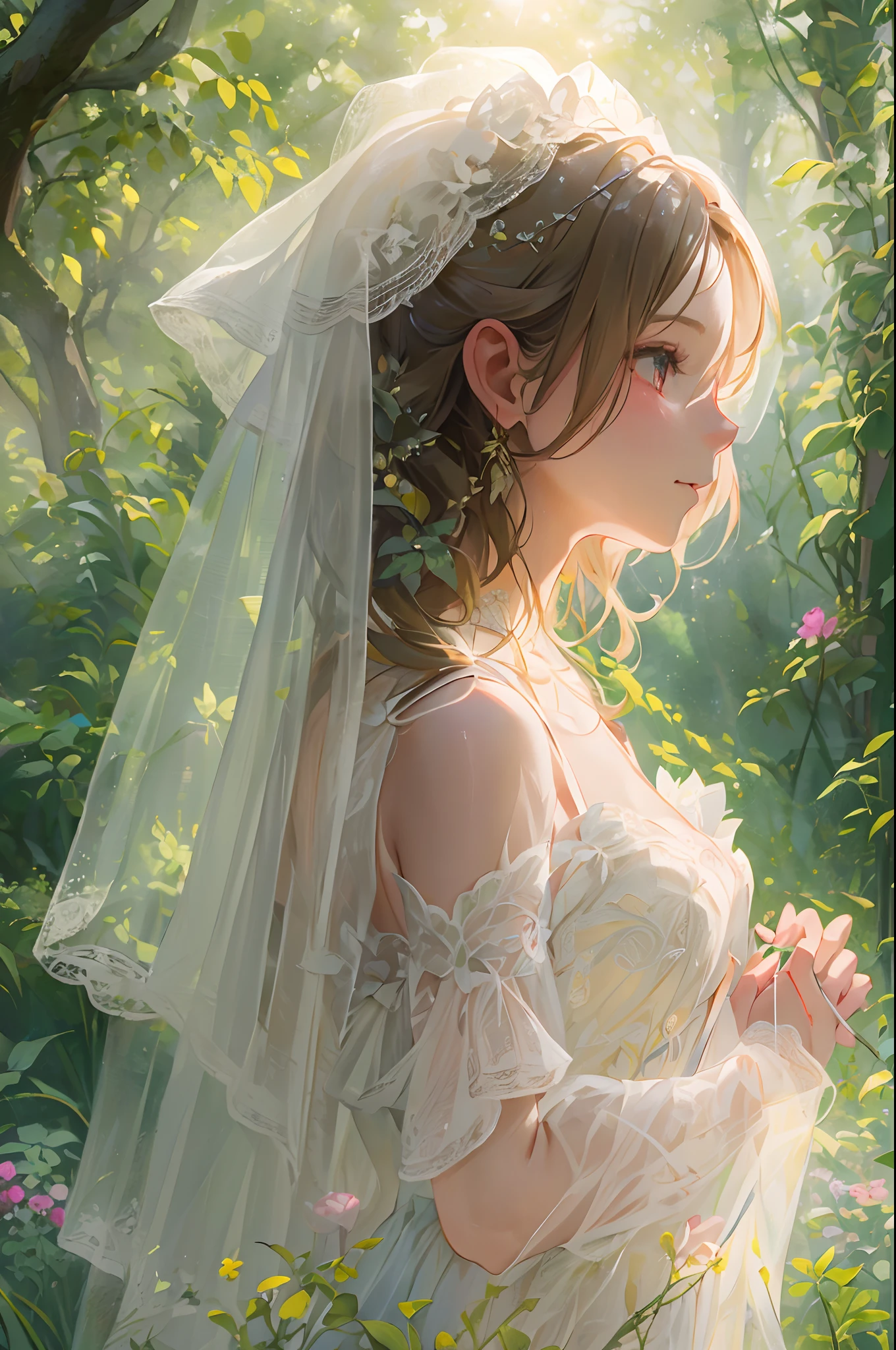 (Taken from head to toe, artistic angle: 1.6)、Portrait of a bride, with layers of A-line ruffles and delicate floral and pattern embroidery.Hobbit weddings. Chapel in the forest. The sun shining through the trees illuminates the bride and creates a magical atmosphere. The Hobbit bride is swooning with a veil over her head and a very beautiful expression on her face..effect///Fluffy pastel colors.fine brushes, Rough, detailed watercolour, soft and fantastic, pastel, Fluffy, (extremely fine and beautiful), (perfect detail)、(pastel color),Soft texture:1.2.(masutepiece, Best Quality), (finely detailed beautiful eye), (finely detailed eyes and detailed face),The tones are also visibly luminous.Pale blurred contours,Unobtrusive lighting, moody atmosphere,subtle highlights