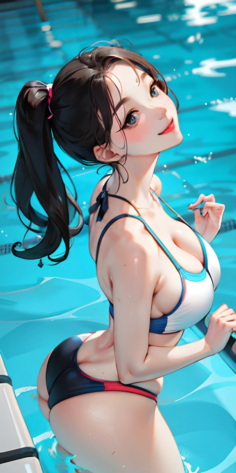 realisticlying、、Competitive swimsuit style girls、Big butt、Thicker thighs、Slightly emphasize the chest and cleavage、Face Real、A sexy、Pool with big chest face on smiling background