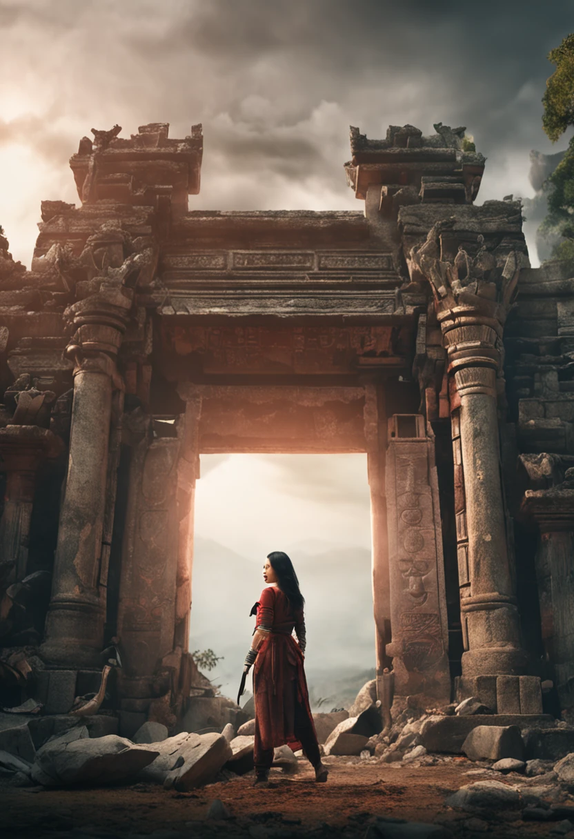 The World After the Destruction, An Asian woman stands in front of an ancient ruins that have collapsed. There is a mysterious door and you are trying to get inside. The woman is a warrior.