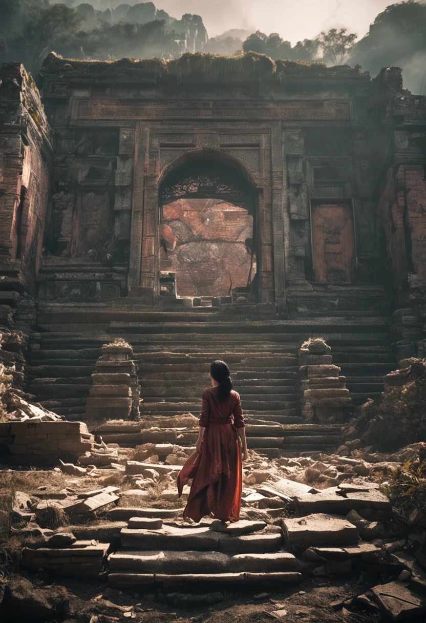 The World After the Destruction, An Asian woman stands in front of an ancient ruins that have collapsed. There is a mysterious door and you are trying to get inside. The woman is a warrior.