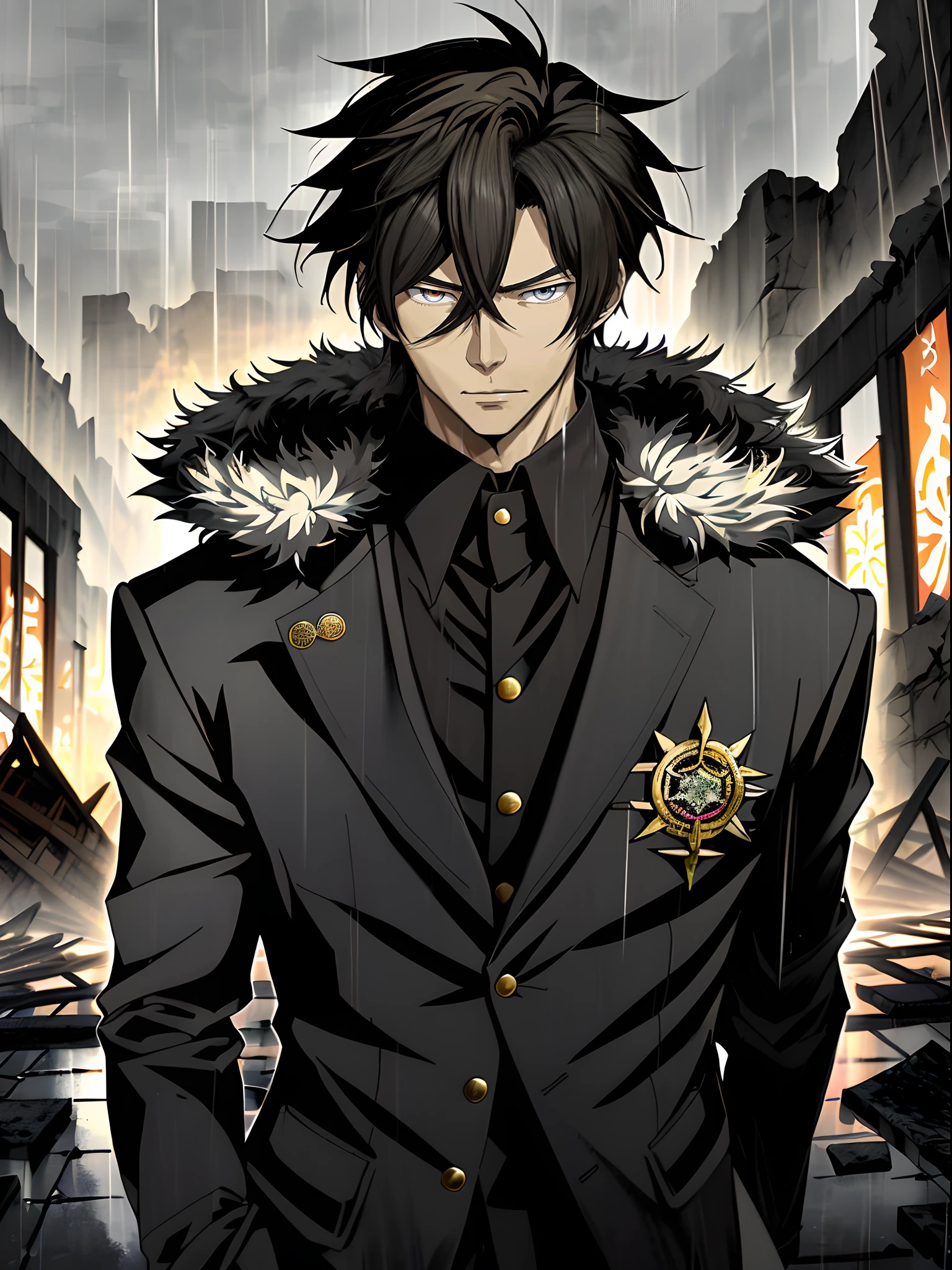 An anime man in a black coat stands in the ruins in the rain, Black colored eyes，inspirado em Okumura Masanobu, nobutaka ike,  Anime handsome man, Anime portrait of a handsome man, anime concept hdr anime macmanus, Key anime art, male anime character,