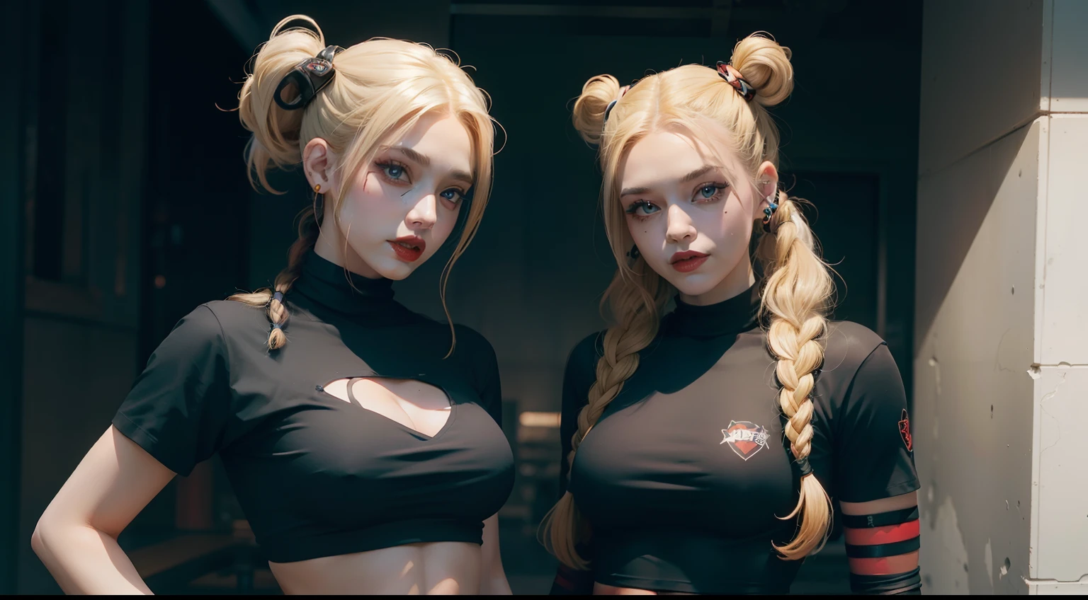 Harley Quinn with makeup and a double ponytail that falls over her breasts and her makeup-free blonde friend with a hairstyle of double buns and double braids that fall over her breasts, wearing a black tactical-style cotton shirt and pants, corpo inteiro, imagem realista.