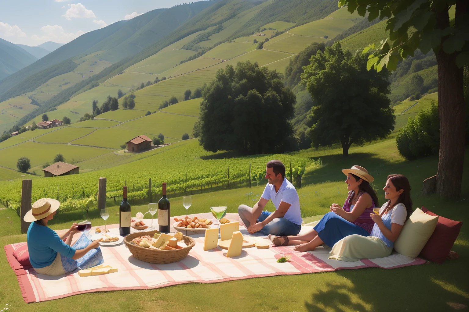 Year: 2010
Country: Georgia
Description: Nestled in the picturesque countryside near Sighnaghi, a vineyard is alive with activity as a group of friends gather for a picnic under the azure sky. They lounge on vibrant blankets, savoring local wine and cheese while sharing stories and laughter.