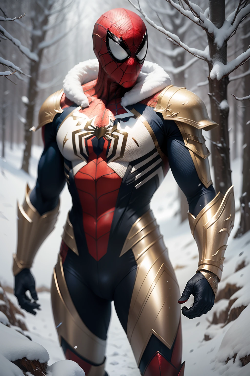 Spiderman full body on a white, gold and red armor suit, on a white snow forest, snow falling over the armor, the sin shines over the armor suit, hyper realistic, photorealistic, 8K, an award winning photo