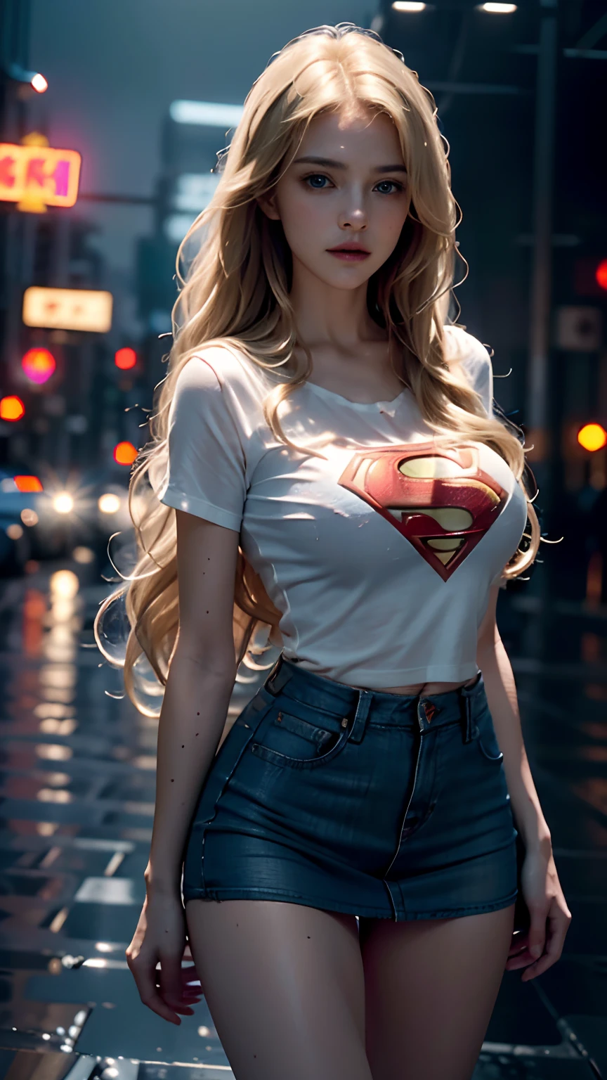 Beautiful woman with wavy blonde hair, delicate and charming blue eyes, thigh notch, sexy long legs, t-shirt in (jeans short skirt), with superman letter S, cute futuristic cyberpunk + city, mist, damp, rain, best quality masterpiece, realistic, detailed, 8k, HDR, shallow depth of field, wide light, high contrast, backlight, flood, flash, chromatic aberration,  sharp focus, RAW color photo, superman S symbol on the chest.