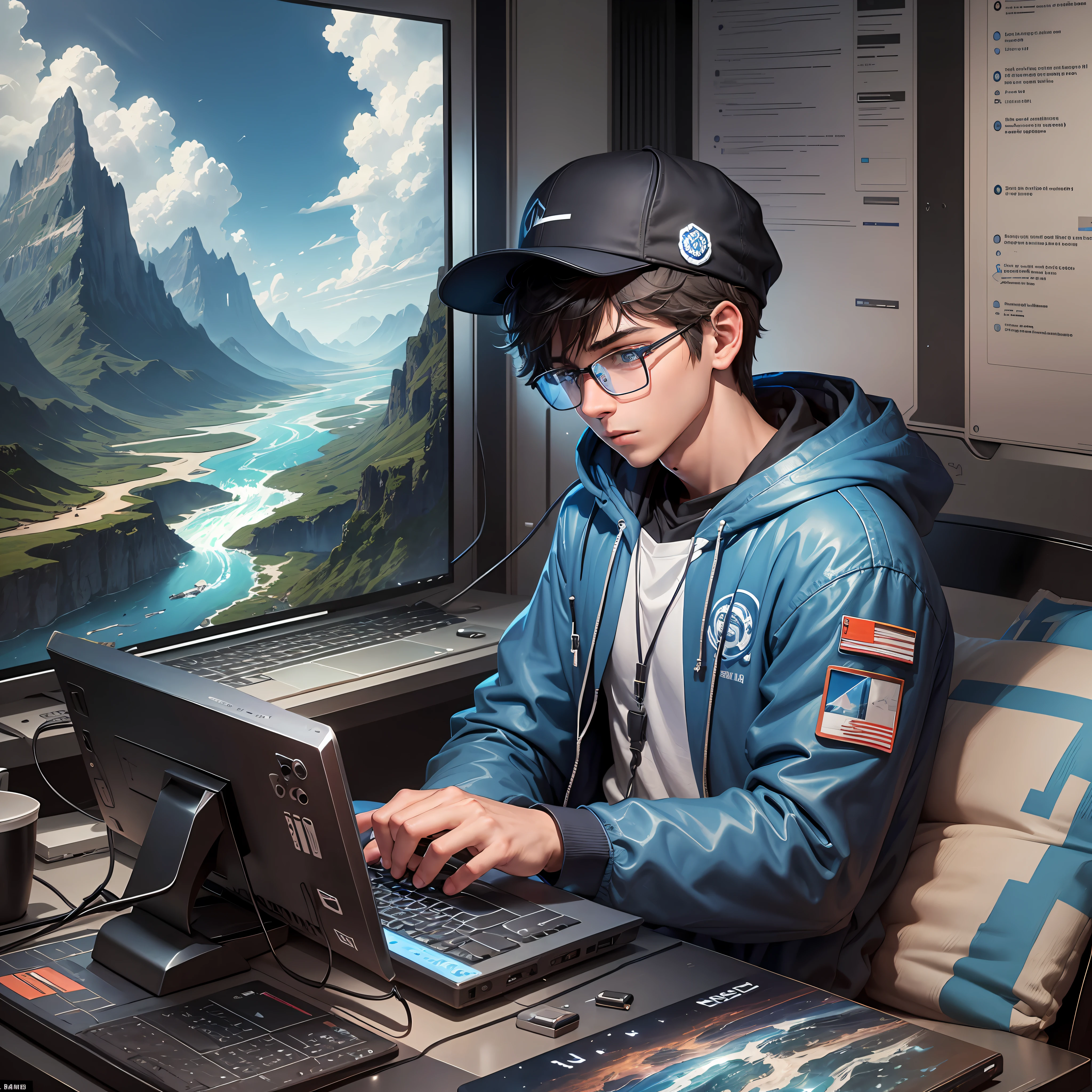 This image represents a fair-skinned young man, wearing a black cap and blue glasses. He is sitting next to a computer, demonstrating a serious and concentrated expression. This suggests that he is deeply involved in his studies. The clouds depicted in the image symbolize the profusion of thoughts in your mind. They evoke images of waterfalls, mountains and horizons, representing a vast universe of technologies. This young man is walking the path of understanding and applying the fundamental principles of computing, from the most basic coding concepts, represented by binary 0 and 1, to exploring new frontiers and possibilities that technology offers. --auto --s2