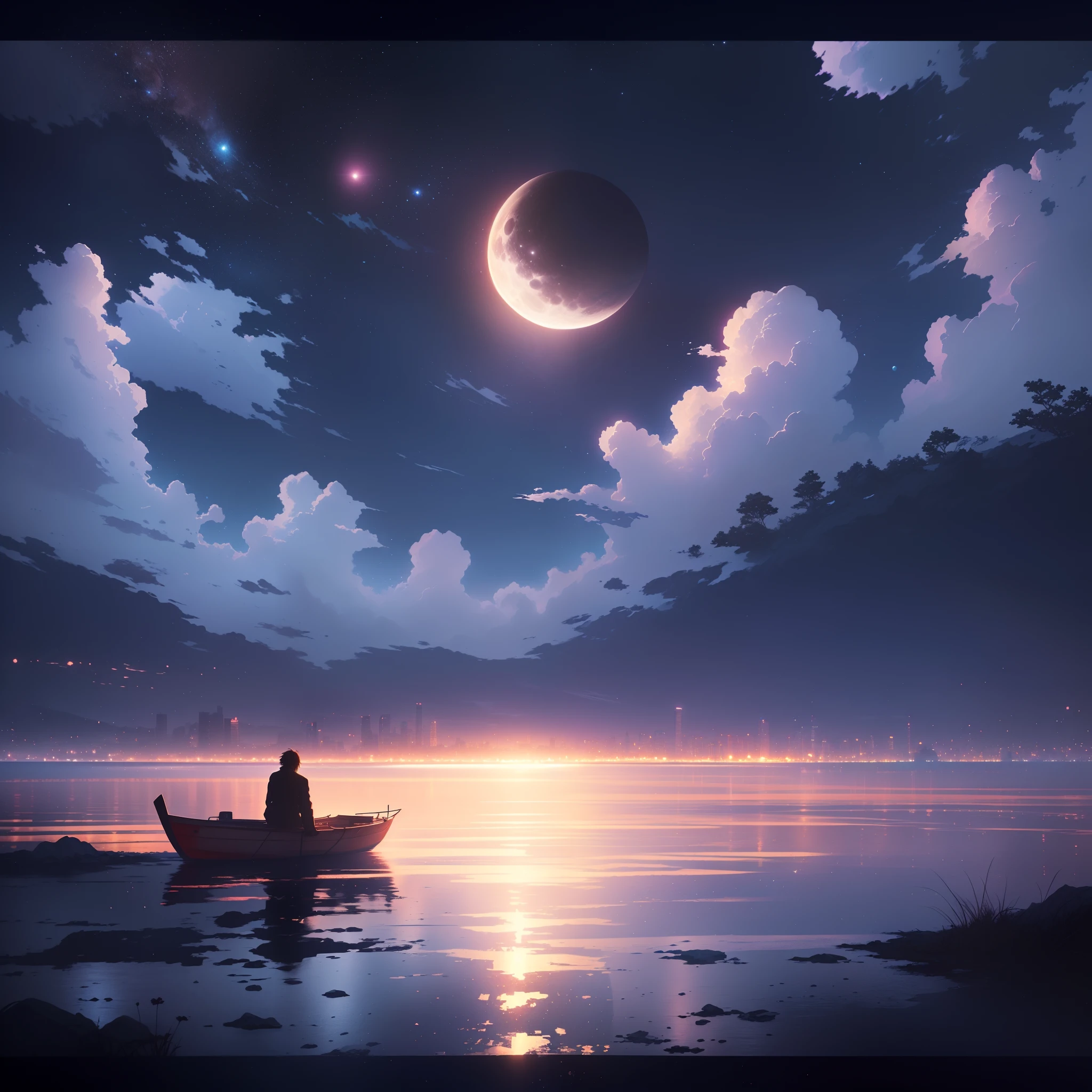 At night there was a man sitting on a boat on the water, calm evening. Digital illustration, moonlit night dreamy atmosphere, anime beautiful peace scene, serene illustration, Makoto Shinkai Cyril Rolando, 4k highly detailed digital art, beautiful anime scenes, ross tran. scenery background, Anime art wallpaper 4 K, Anime art wallpaper 4k