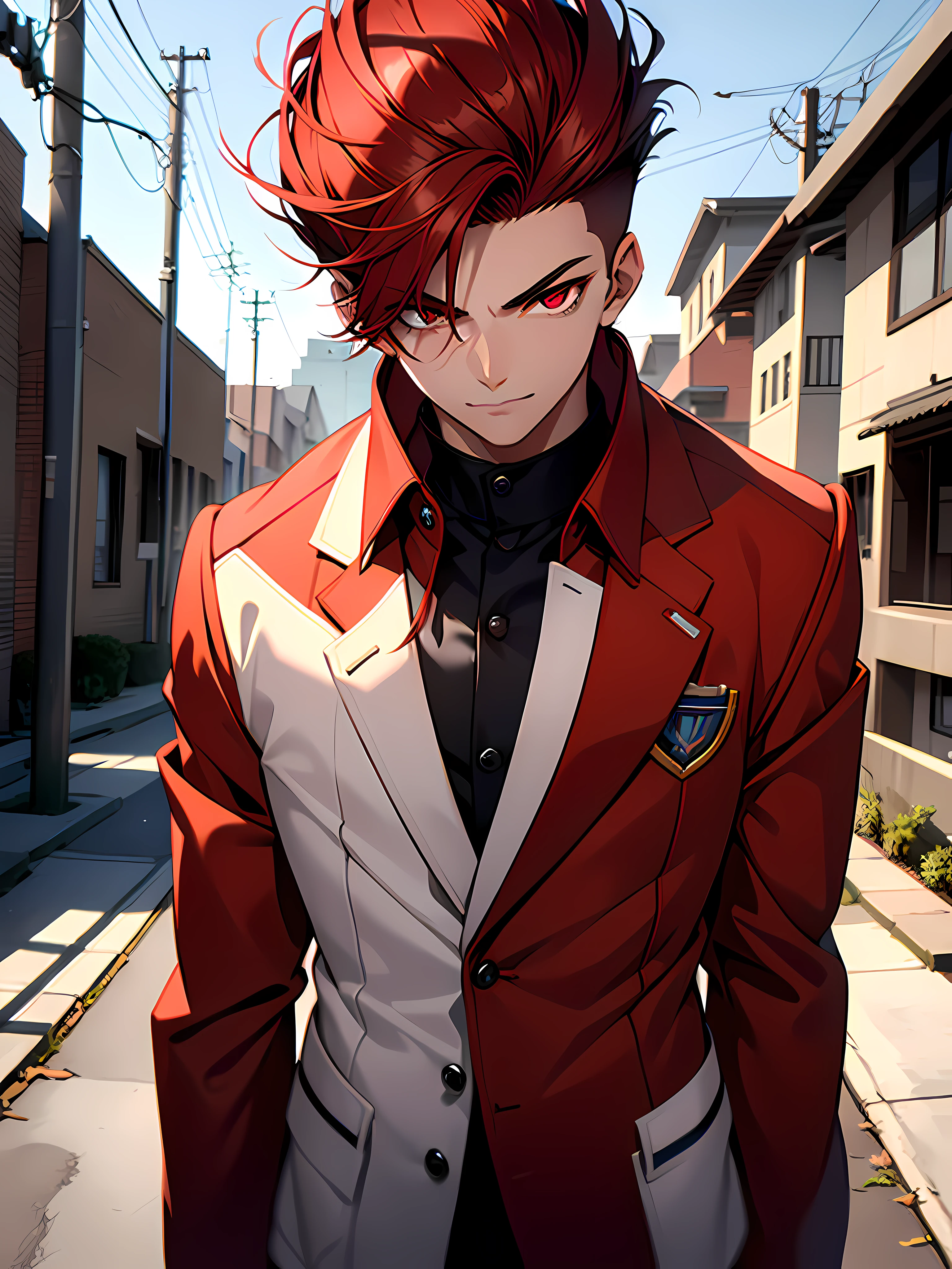1 teenager boy with a serious smirk face, with white skin, with beautiful red eyes with long eyelashes, with low fade red haircut, standing straight with good composure, he is wearing highschool uniform, his in the neighborhood, high res, ultrasharp, 8k, masterpiece, looking at viewer