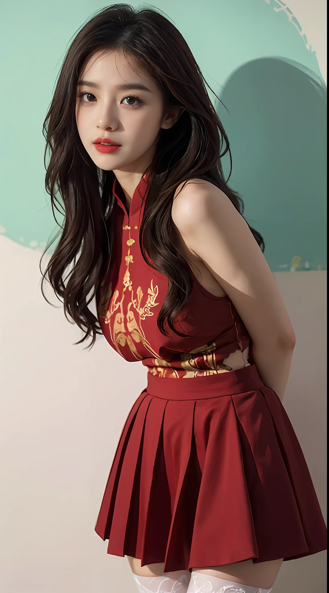 A perfect young female white-collar worker,Chinese big breasts,High picture quality,Works of masters,Black hair,Long hair shawl,Long hair flowing over the shoulders,Beach wave hairstyle,cropped shoulders,鎖骨,exquisite face,Hydrated red lips,((Wear colorful and stylish summer sailor suits))(red colour,blue colors,green color,Violet-orange,In pink,amarelo,Printed clothing),Kurfo,,Colorful pleated skirt,Shadow lace skirt,Sparkling gemstone dress,Lightning astral dress,Crystal elements,Embroidery pattern elements,Fringed skirt,snowflake dress,Moonlight skirt,Butterfly fairy dress,Drizzle dress,lumnious,white stockings,Lace material,Silk clothing,Real Human,(White interior wall background:1.5),CG rendering,16k,Stand up,Empty interior,Do not show your hands,Close-up shot