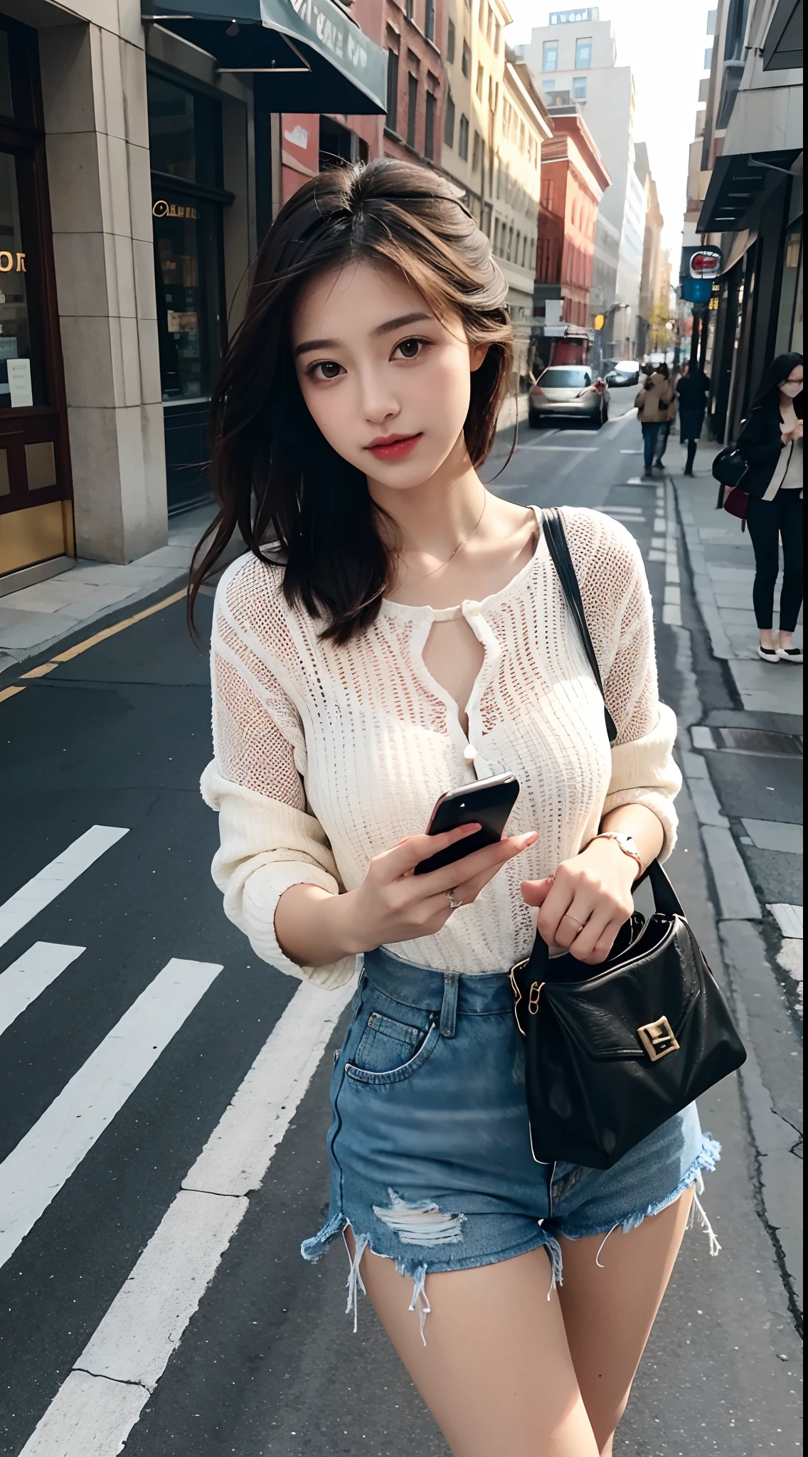 Beautiful woman, fiddling with cell phone in the middle of the street, short clothes