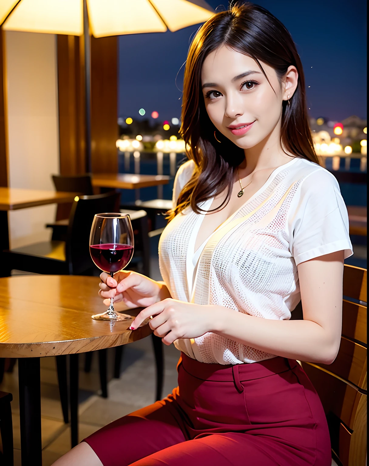(64K, UHD, top quality, masterpiece: 1.2), (realistic, photorealistic: 1.37), super detailed, pretty woman 1 person, (slim face), (slim body), (brown hair), (short cut), cheeks slightly blushing, (44 years old), 38 years old, solo, beautiful detailed urban night view outside the window, restaurant, wine glasses sit, at night, in a prominent placeNovaFrogStyle, Actress, Model, Waist Up, White Wine, Slim, Wine Glass, Super Clean Night View, Wine Glass Put in the Middle, Happy Smile, (Smile: 1.15), Beautiful Fine Eyes, Upper Body, Bust Japan Up, Night, Short, Short, Actress, Model, Waist Up, White Wine, Slim, Wine Glass, Super Clean Night View, Wine Glass Put in the Middle, Happy Smile,