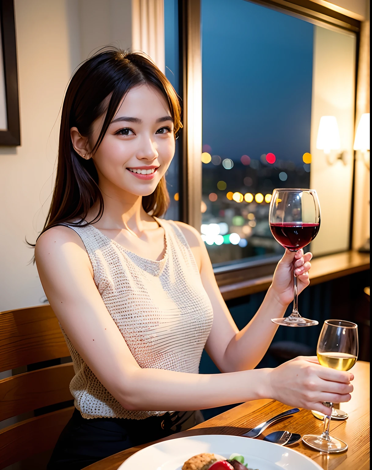 (64K, UHD, top quality, masterpiece: 1.2), (realistic, photorealistic: 1.37), super detailed, pretty woman 1 person, (slim face), (slim body), (brown hair), (short cut), cheeks slightly blushing, (44 years old), 38 years old, solo, beautiful detailed urban night view outside the window, restaurant, wine glasses sit, at night, in a prominent placeNovaFrogStyle, Actress, Model, Waist Up, White Wine, Slim, Wine Glass, Super Clean Night View, Wine Glass Put in the Middle, Happy Smile, (Smile: 1.15), Beautiful Fine Eyes, Upper Body, Bust Japan Up, Night, Short, Short, Actress, Model, Waist Up, White Wine, Slim, Wine Glass, Super Clean Night View, Wine Glass Put in the Middle, Happy Smile,
