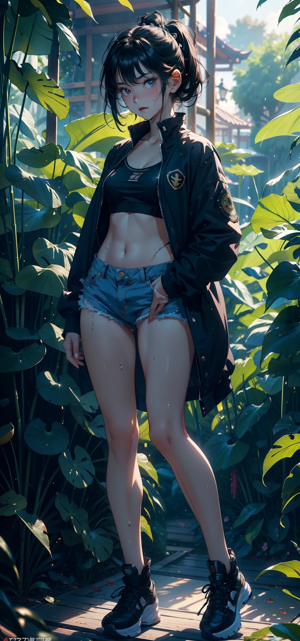 1female,3 years old,bit girl,Small loli,huge-breasted,Pornographic exposure, 独奏,(Background with:bamboo forrest,lotuses,lotus flower,exteriors,Lotus pond) She has short black hair,Qi bangs,Doll head,standing on your feet,Sweat profusely,drenched all over the body,seen from the front, hair straight, mostly cloudy sky,(((tmasterpiece),(Very detailed CG unity 8K wallpaper),best qualtiy,cinmatic lighting,detailed back ground,beatiful detailed eyes,Bright pupils,Black eyes,(Very fine and beautiful),(Beautiful and detailed eye description),ultra - detailed,tmasterpiece,)),facing at camera,A high resolution,ultra - detailed),revealing breasts,Bare genitalia, Bulge,legs are open,Raised sexy,Camel toes,Flushed complexion,Open-mouthed,frontage,elementary student,(Black baseball jacket,Sailor uniform,White panties,black sneaker shoes,nakeness)Full body photo,Show shoes