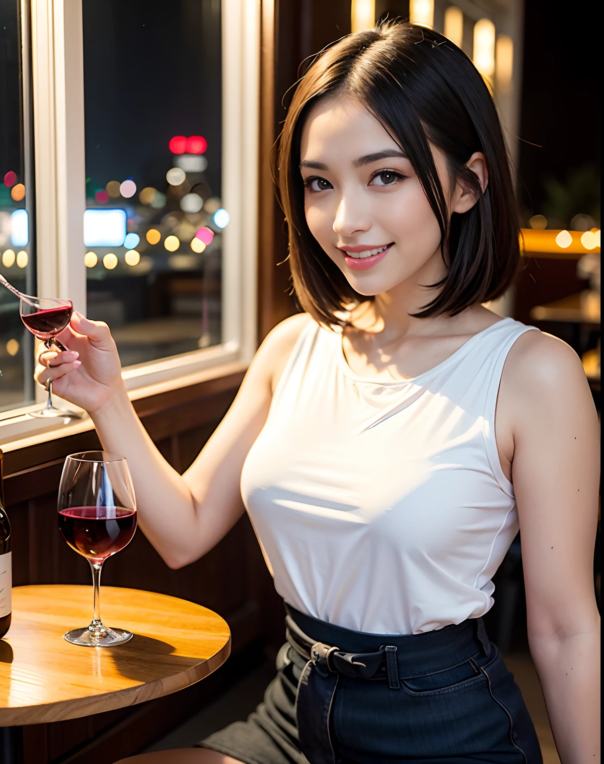 (10, UHD, top-quality, masterpiece: 1.2), (Realistic, photorealistic portrait: 1.37), Super Detailed, 1 beautiful woman, (slim face), (Slim body), (brunette hair), (short cut), Cheeks slightly reddened., (35 years old), 38 years old, bara, Detailed city night view outside the window, restaurant, Wine glass seat, at night, In a prominent place (From the waist upwards) NovaFrogStyle, actress, Model, Waist up, White Wine, slim, Wine Glass, Super night view, A wine glass is placed in the center., Happy smile, (smile: 1.15), beautiful fine eyes, Upper body, Japanese Breasts Up, nighttime, short, short, actress, Model, Waist up, White Wine, slim, Wine Glass, Super night view, A wine glass is placed in the center., Happy smile, naked