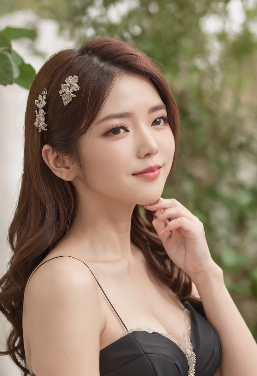 「at 8K resolution、Draw a close-up of Japan woman in a beautiful black dress。Her bust is rich and her cleavage is exposed.、Long hair flutters in the wind、A seductive smile complements its charm。This work is、Yui Sakurai in Fruit Zipper、Japan female artists such as Karen Matsumoto and、Japanese actressl、Japan woman with a cute atmosphere, etc.、appearance々It is an image that consolidates the charm of。Overwhelming beauty and attention to detail、It will captivate the viewer's heart.。」