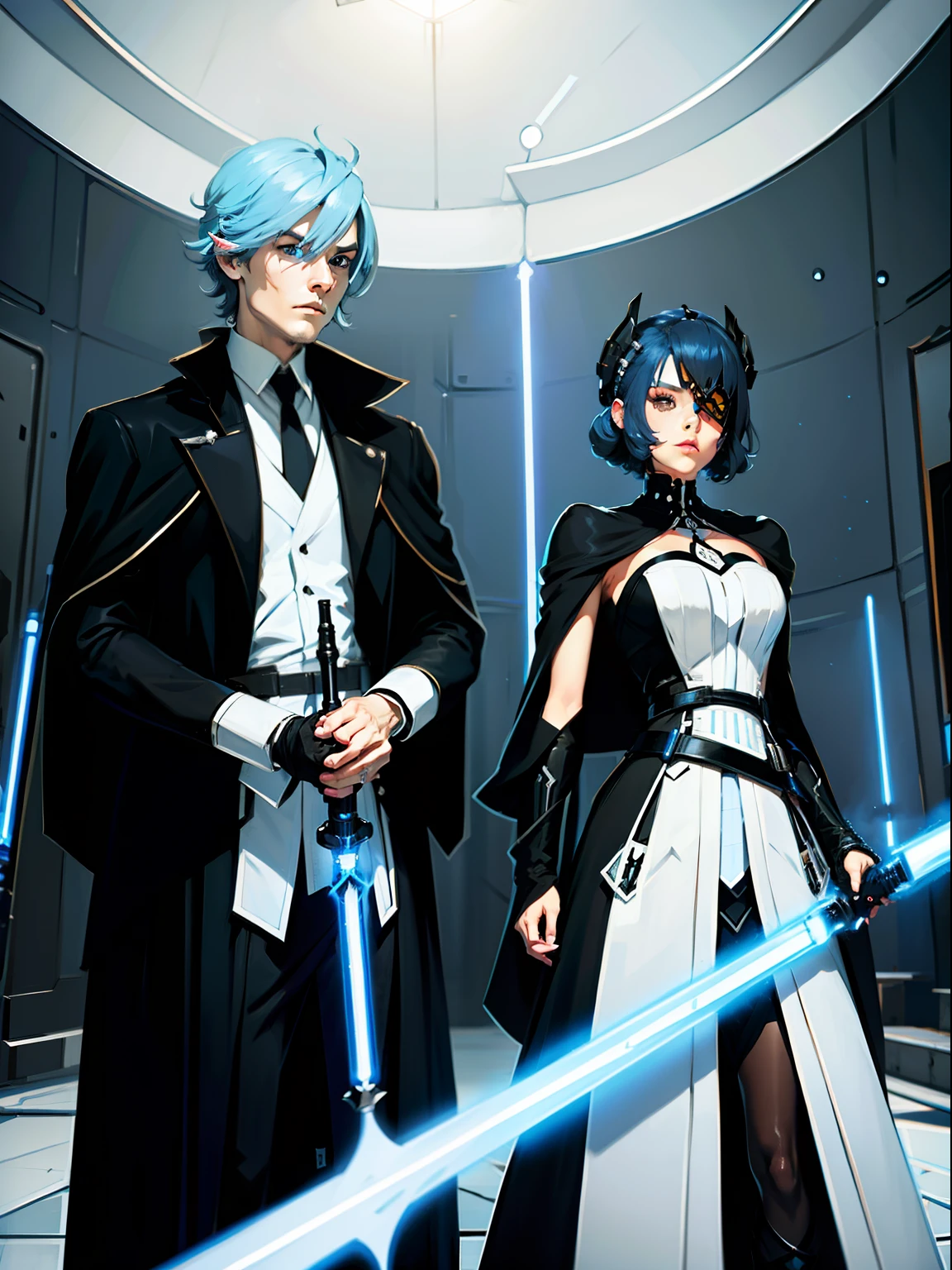 black-clad,Sky blue hair, Blue lightsaber, 黑The eye, short detailed hair, shoun,Robe,off-world,white pantie,Two-dimensional style,male people