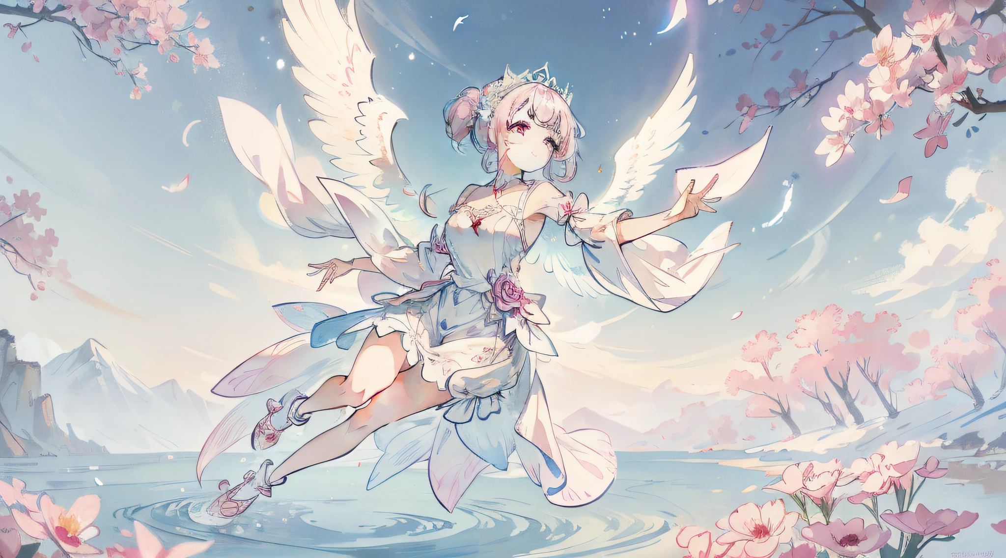 Anime girl suddenly falling from high altitude,She looks like a fairy from a fairytale world。She wore a white dress like a wedding dress,The skirt flutters in the wind,It creates a dreamy atmosphere。The dress is embroidered with a delicate floral pattern,Decorated with shiny crystals,It was as if the starlight hit her。 The girl has a pair of white wings,Wings exhibit a delicate feathery texture,Shining with silvery-white light。In daylight,The light on the wings exudes a soft glow,It's intoxicating。Her hair is smooth pink,It was as if pink feathers were gently flickering behind her。The eyes are bright and pure blue,Like the crystal pearl of the lake,It exudes a gentle and determined glow。 When she fell to the ground,She landed lightly in the sea of flowers,Wave gracefully。Her expression was full of surprise and curiosity,There is a lively and agile light in the eyes。She spread her arms,It seems to be dancing with flowers,The body shakes gently,It's as if you're feeling the magic of nature。A gentle and joyful smile appeared on her face,Exudes infinite warmth and beauty。
