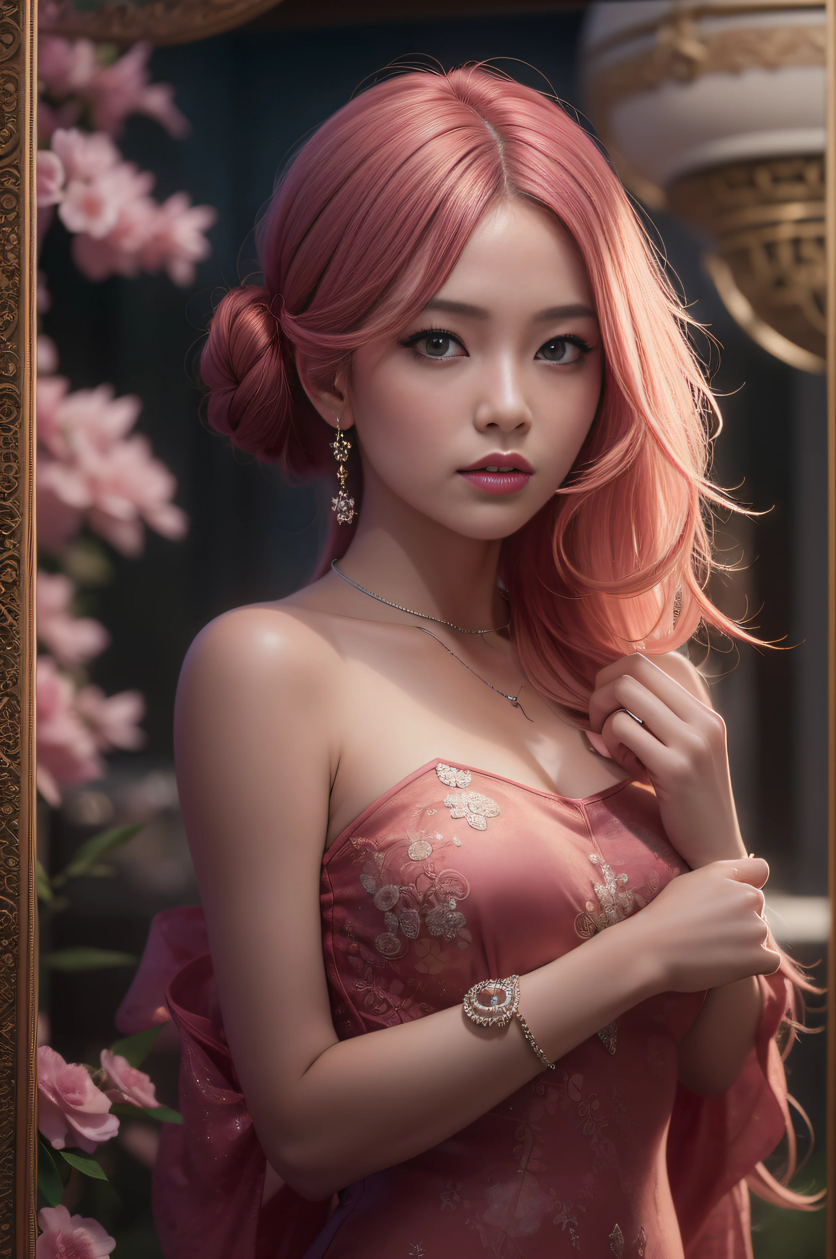 an elegant woman、Soio、Seductive face、upscale restaurant、sexypose、Stick your ass out、A bracelet、Best Quality, masutepiece, hight resolution, an elegant woman,qipao dress,Hair Ornament,Necklace, Jewelry,Beautiful face,Inserting a into the_Body, Tindall Effect,Photorealistic, Dark Studio, Rim lighting, two tone lighting,(High detailed skin:1.2), 8K UHD, Digital SLR, Soft lighting, High quality, Volumetric lighting, Candid, photograph, High resolution, 4K, 8K,Pink hair,