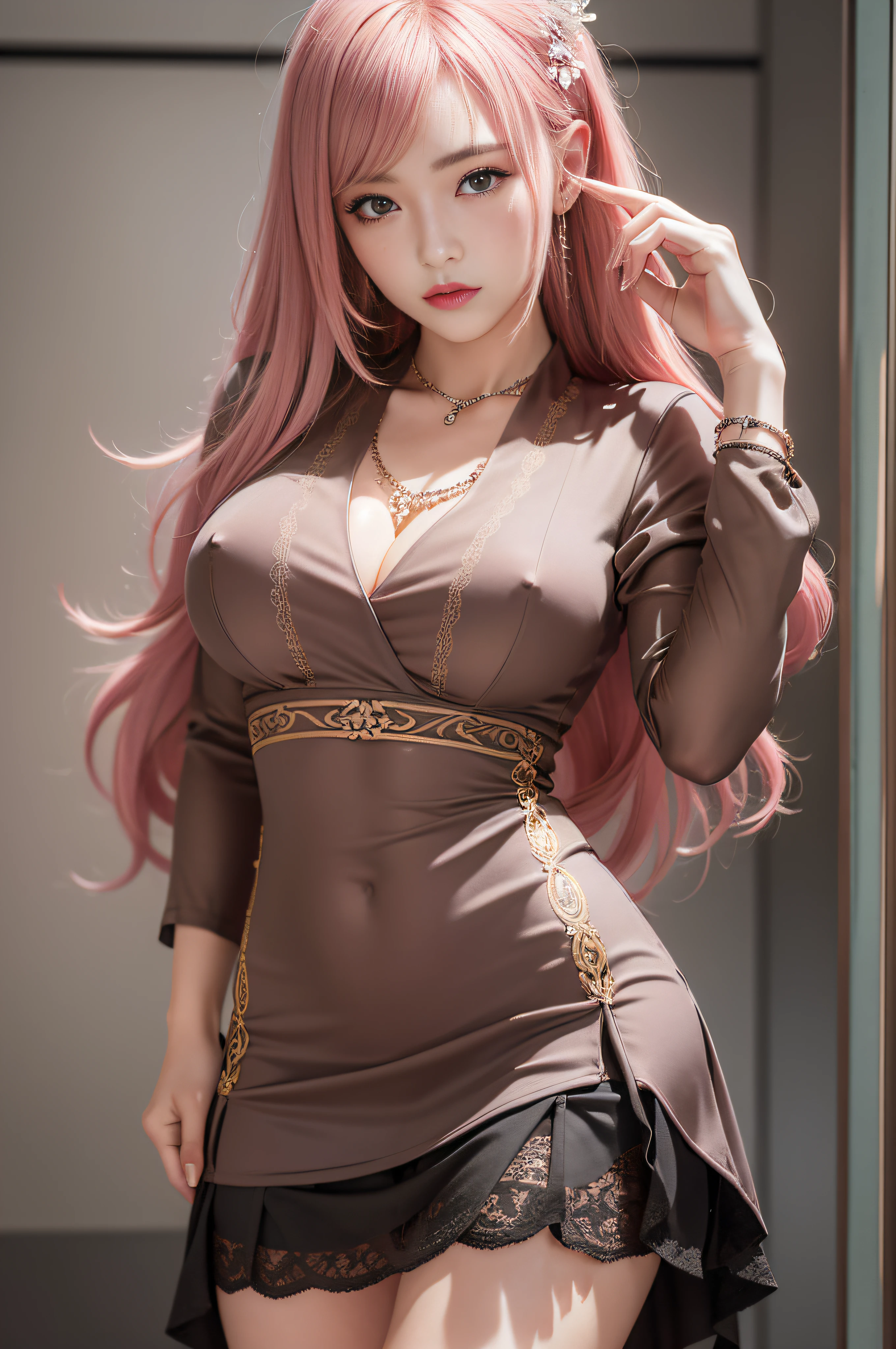 an elegant woman、Soio、One photo、qipao dress、a 、 face、upscale restaurant、Colossal 、pantyhose、high-heels、sexypose、Stick your  out、A bracelet、Best Quality, masutepiece, hight resolution、Hair Ornament,Necklace, Jewelry,Beautiful face,Inserting a into the_Body, Tindall Effect,Photorealistic, Dark Studio, Rim lighting, two tone lighting,(High detailed skin:1.2), 8K UHD, Digital SLR, Soft lighting, High quality, Volumetric lighting, Candid, photograph, High resolution, 4K, 8K,Pink hair,