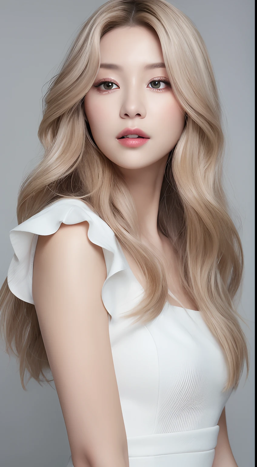 ((Realistic lighting、top-quality、8K、​masterpiece:1.3))、Clear focus:1.2、1girl in、flawless beauty:1.4、、Neat and clean clothing、One-piece clothes、Superfine Face、Narrow-eyed、二重まぶた、lighting like a movie、photos realistic、28 year old、Face like a K-pop idol、white backgrounid、Gray background、Mature Woman、Classy makeup、Angle of pull、length hair、Longhaire、Long hair、blonde  hair、Light hair color、Straight hair