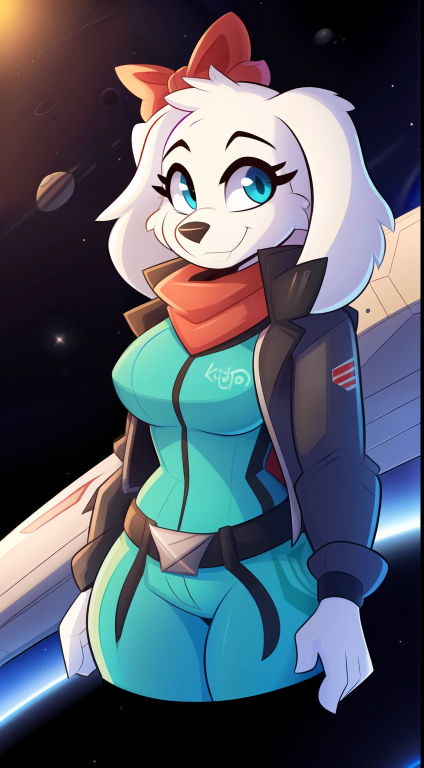 fayspaniel, furry female anthro, portrait, close-up, red bow, aqua jumpsuit, cropped jacket, grey jacket, red scarf, belt, solo, (body fur:1.2), (best quality), (detailed space jet background:1.2), dramatic lighting, (detailed fluffy fur:1.1), looking at viewer,  medium breasts,  white ears, ((by Kilinah, by Coffeesoda, by Hioshiru, by Kilinah)), full body