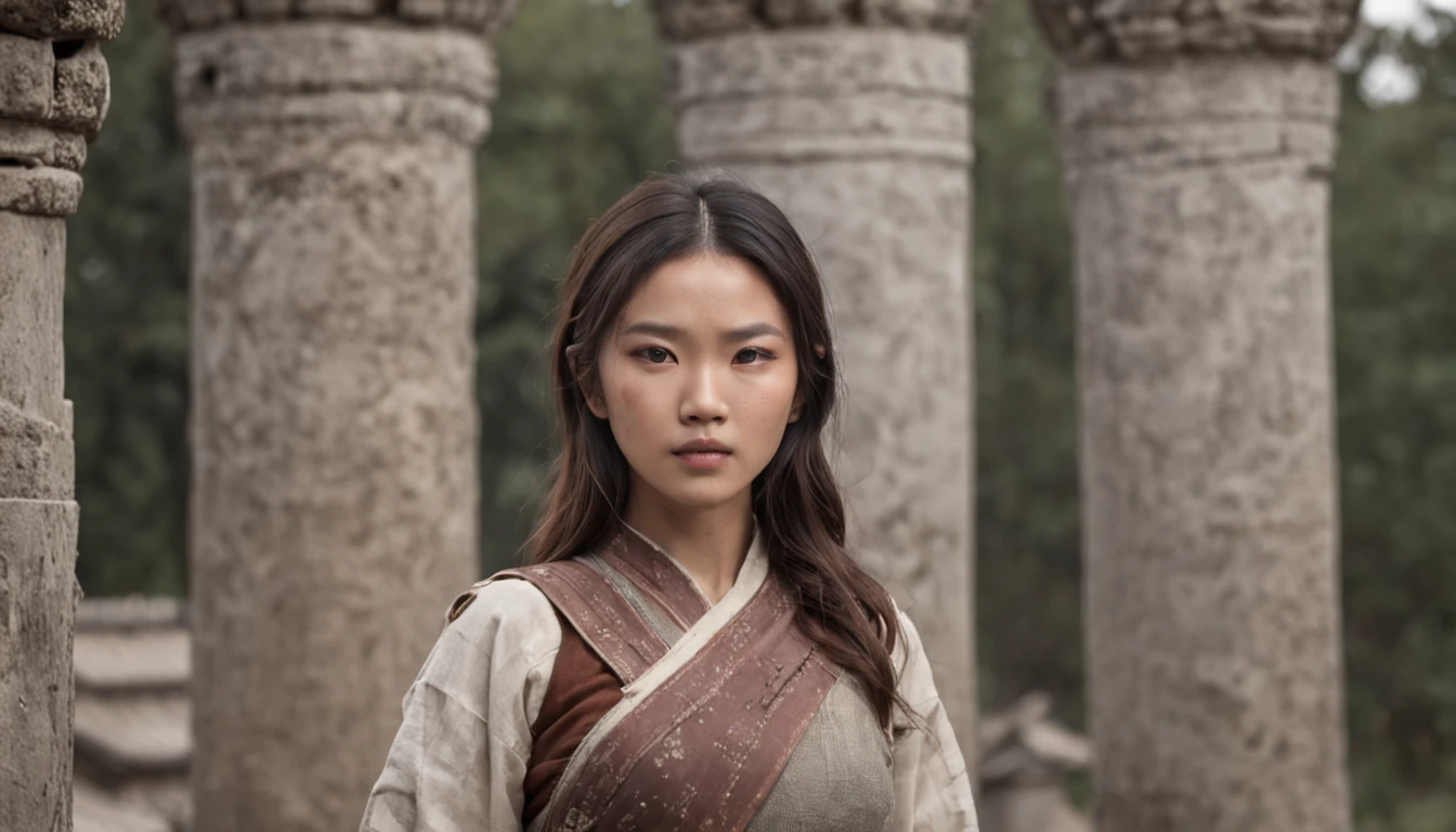 The World After the Destruction, An Asian woman stands in front of an ancient ruins that have collapsed. There is a mysterious door and you are trying to get inside. The woman is a warrior, (Photorealsitic:1.4)