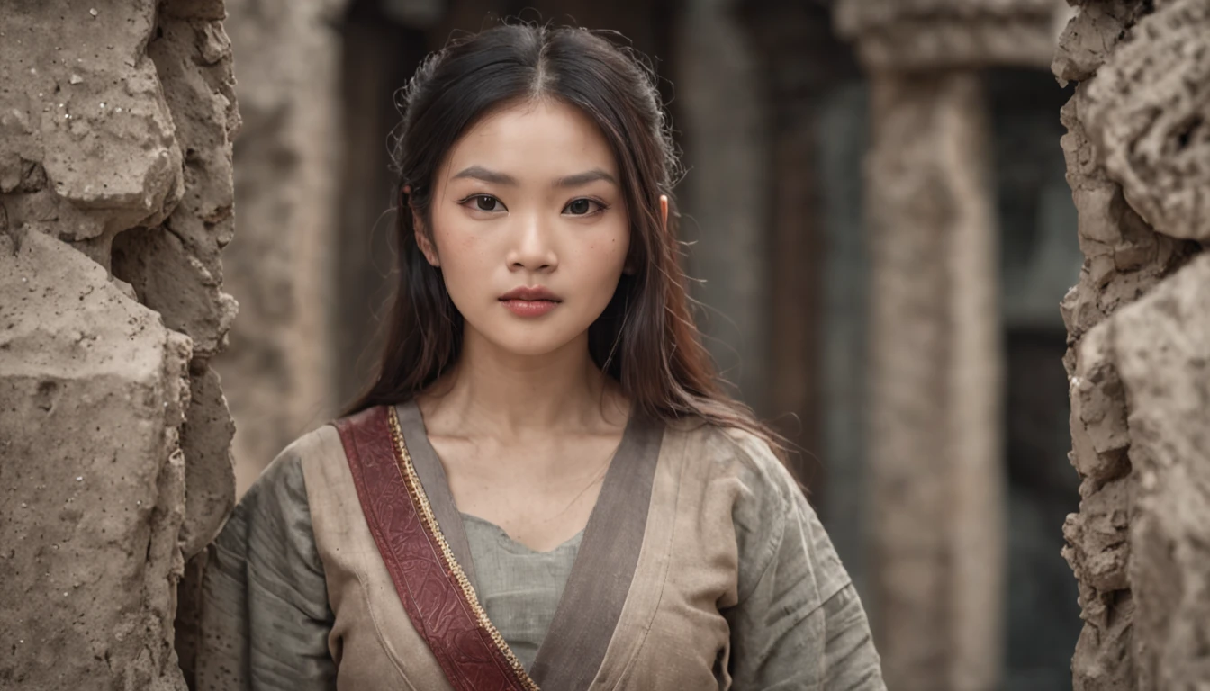 The World After the Destruction, An Asian woman stands in front of an ancient ruins that have collapsed. There is a mysterious door and you are trying to get inside. The woman is a warrior, (Photorealsitic:1.4)