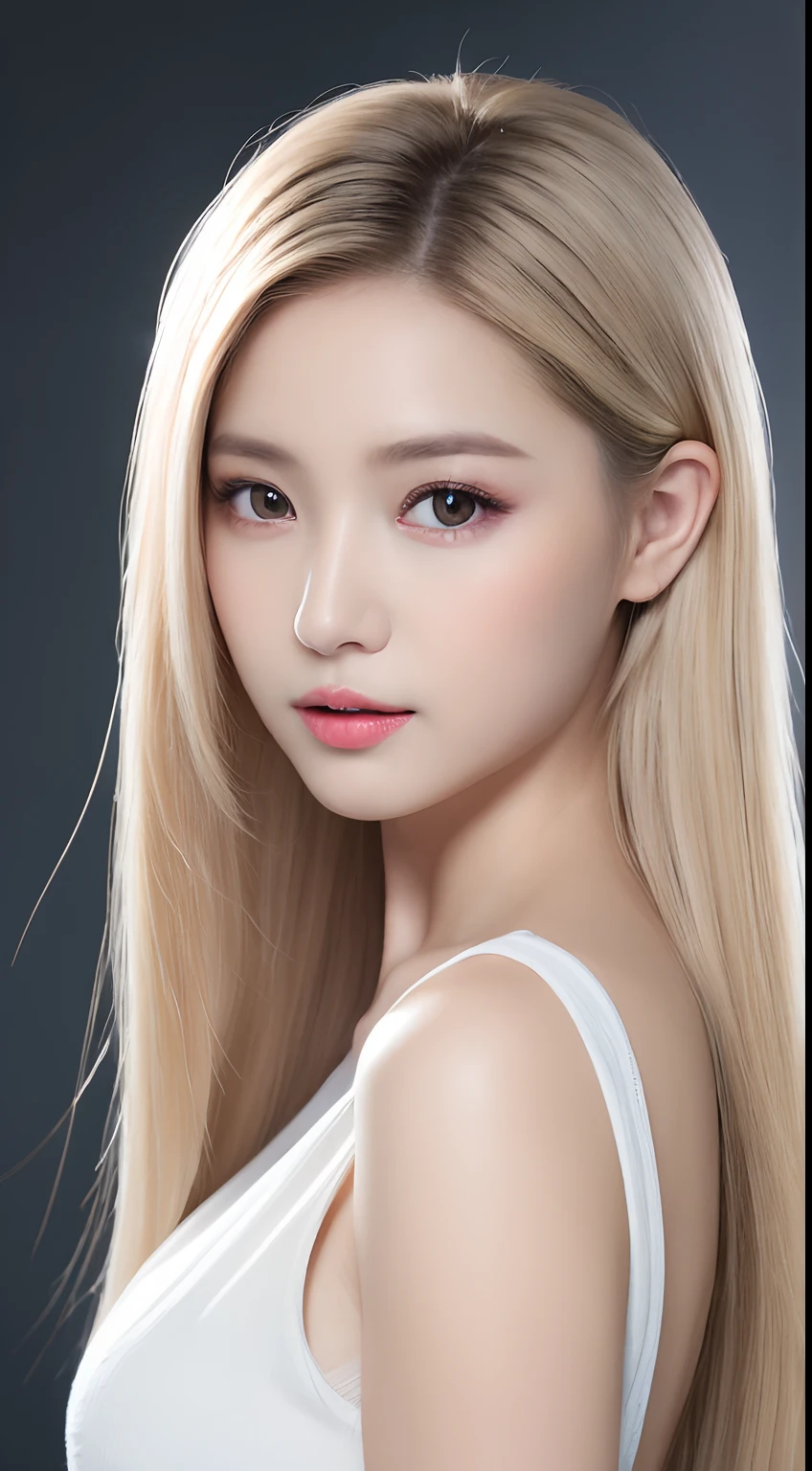 ((Realistic lighting、top-quality、8K、masterpiece:1.3))、Clear focus:1.2、1girl in、flawless beauty:1.4、、Neat and clean clothing、One-piece clothes、Superfine Face、Narrow-eyed、二重まぶた、lighting like a movie、photos realistic、28 year old、Face like a K-pop idol、white backgrounid、Gray background、Mature Woman、Classy makeup、Angle of pull、length hair、Longhaire、Long hair、blonde hair、Light hair color、Straight hair