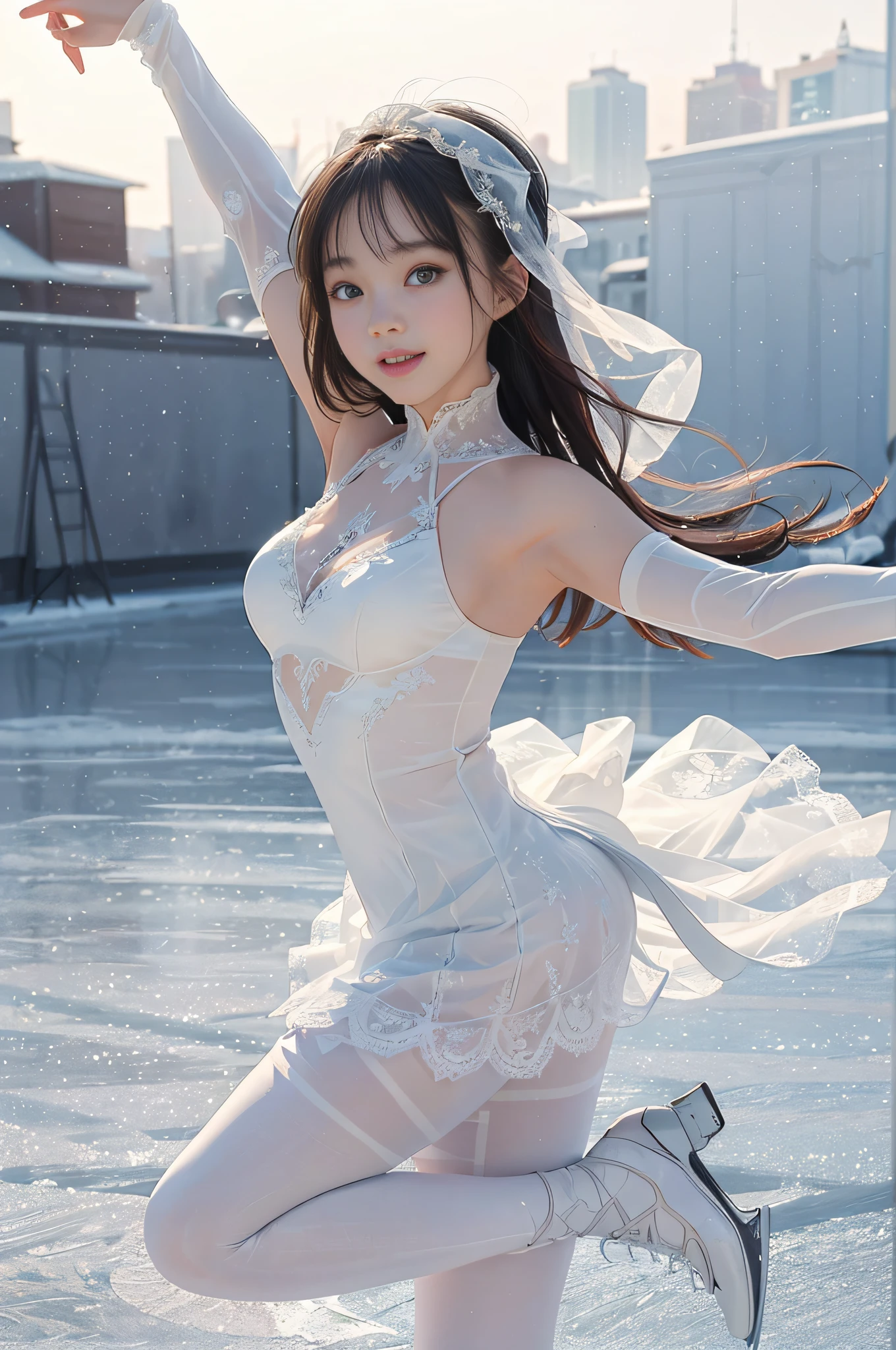 4K,skater。Ballet dance with graceful poses and movements、(((Dance gracefully on the frozen lake)))。(White suit shoes)、(white teeth smile)、big eye、Expressive、Soft sunlight and excellent shadow expression、Express an emotional and romantic atmosphere。(((Be mesmerized by the subtle details and vividness of colors in white lace dresses and tights))),The ice background is amazing.It's like a skating rink on smooth ice、The tree々The brilliance of、Improving dance performance。