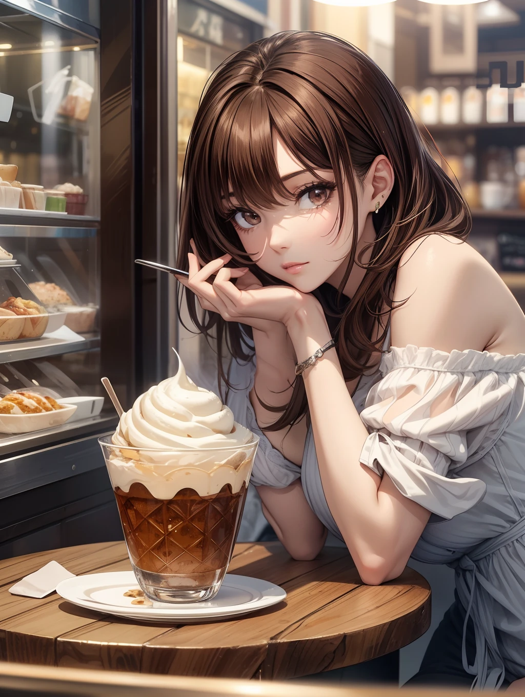 Best Quality, masutepiece, beautiful mature women、Beautiful face、Strong-minded woman、brown haired、Brown-eyed、Medium Hair、cafes、Full body like、Undersized eyes、Eat gelato、Piazza Italia
