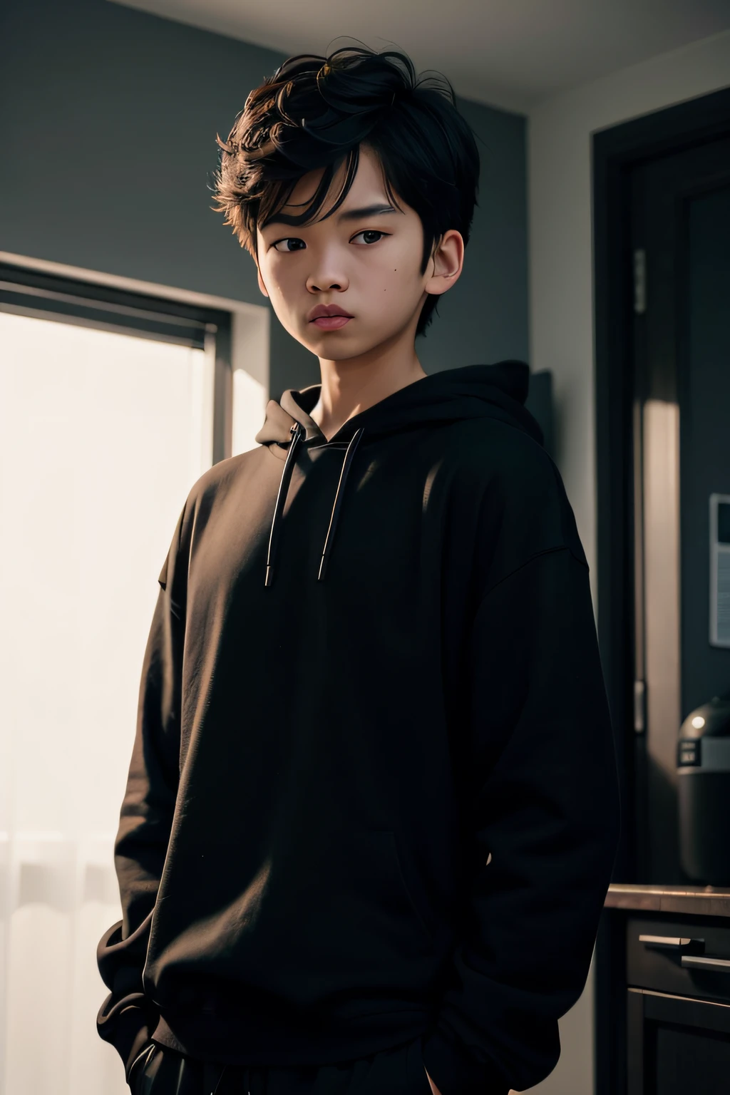 The Alafeld man in a black hoodie stands in the kitchen, young wan angel, Shin Jinying, Soft portrait shot 8 K, portrait shooting, wearing a hoody, mid shot portrait, in a black hoodie, portrait shot 8 k, portrait a 1 5 -  - old , anime big breast. Soft lighting, from 8 k matte, Shot on Sony A 7 III，The clothes are printed with Piker white lettering