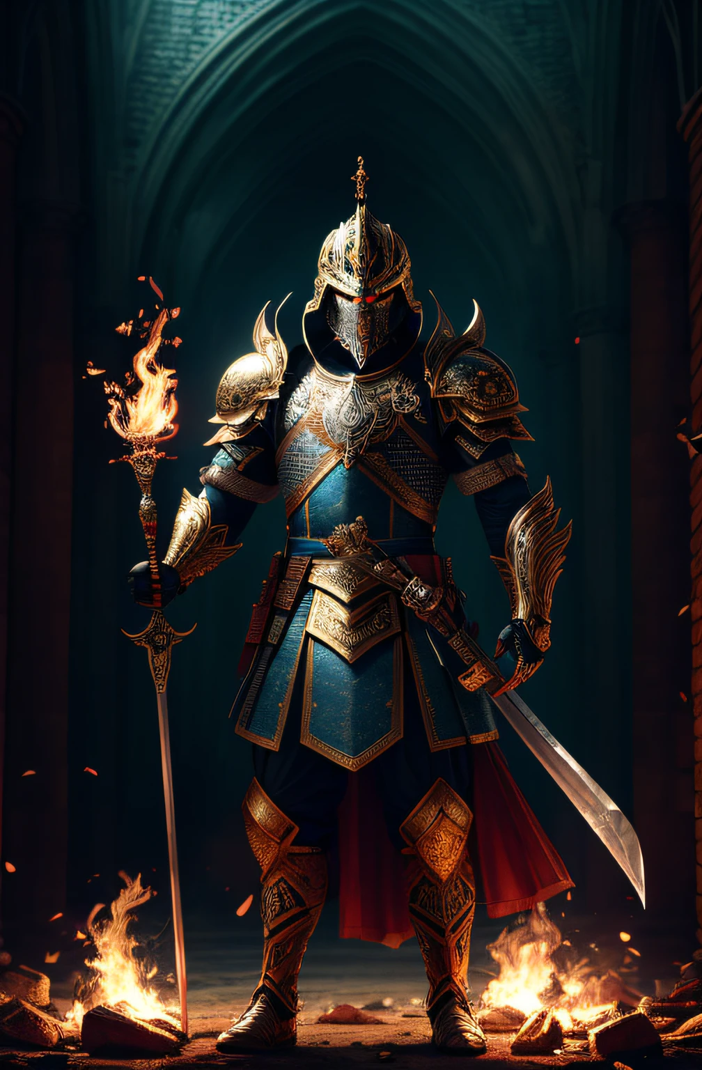 Indian king having good physic standing in a battleground holding fire sword in one hand and hindu flag in another. he is standing in a very proud pose. he is standing in a battlegroud where there is blood, fire everywhere. he is standing in a winning position.he has aggressive face and shiny, attractive battle armor on his body. extremely detailed 8k wallpaper), intricate, richly detailed, dramatic, ready for combat, Sinister face is drawn with only a pair of red eyes peeking underneath, graphics insanely, light is reflected in the ornaments, bright ashes ooze from the torches in the vaulted passage during the leisurely walk through the gloomy cathedral, Show the whole person with some distance from the surroundings to get your own license.3d